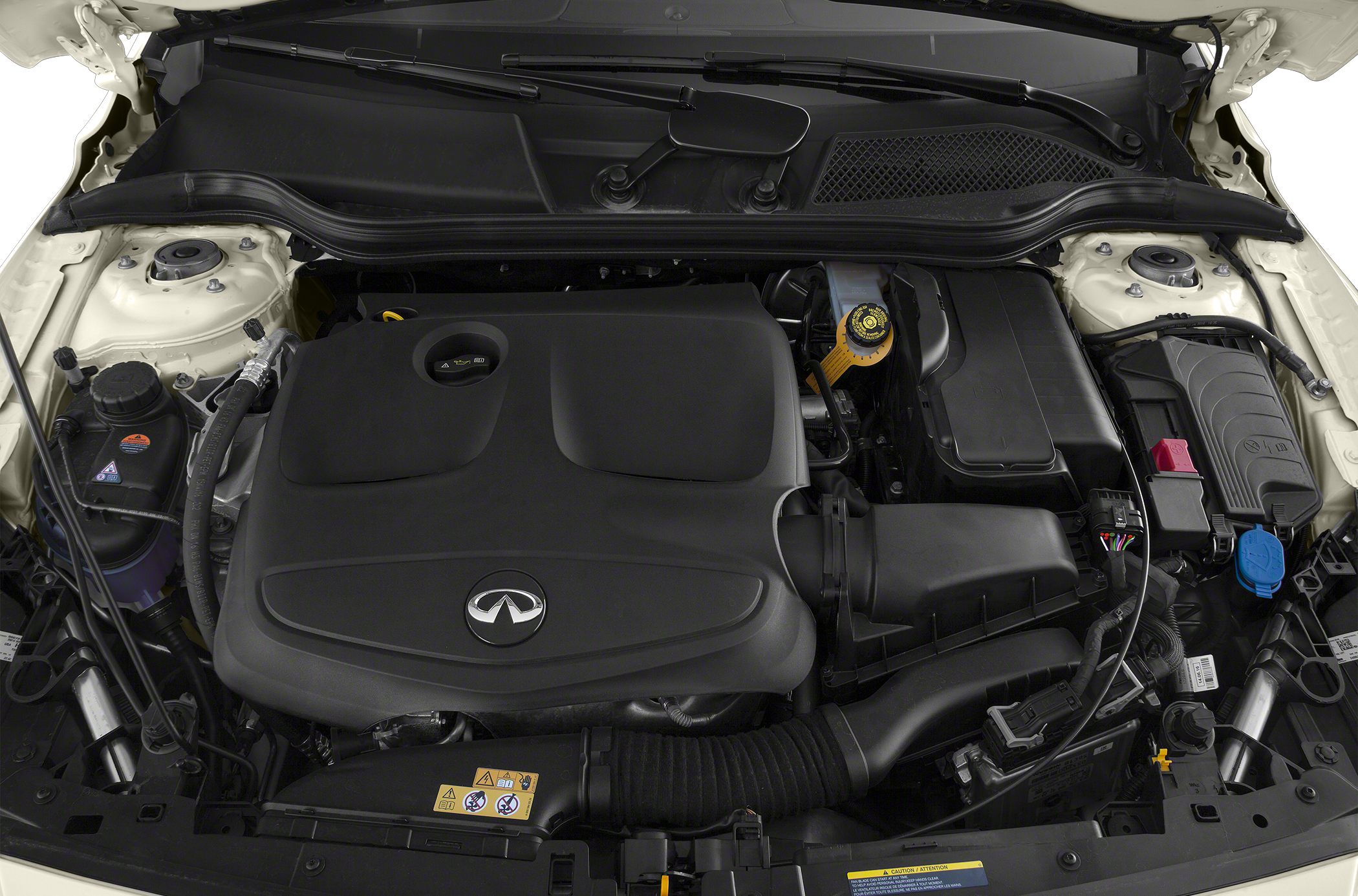Engine bay with distinctive engine cover and vehicle components