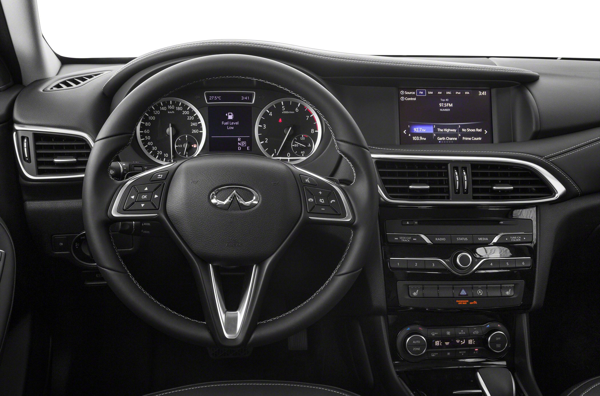 Steering wheel with control buttons and digital instrument cluster with infotainment screen