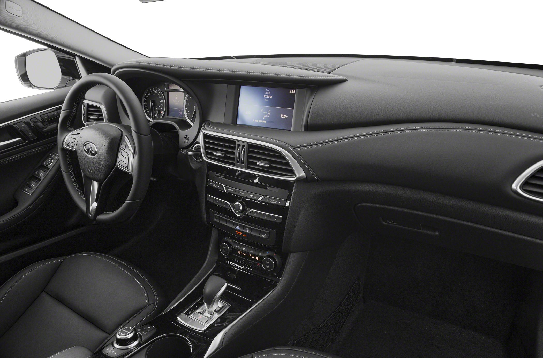 Modern car interior with dashboard, steering wheel controls, and media screen