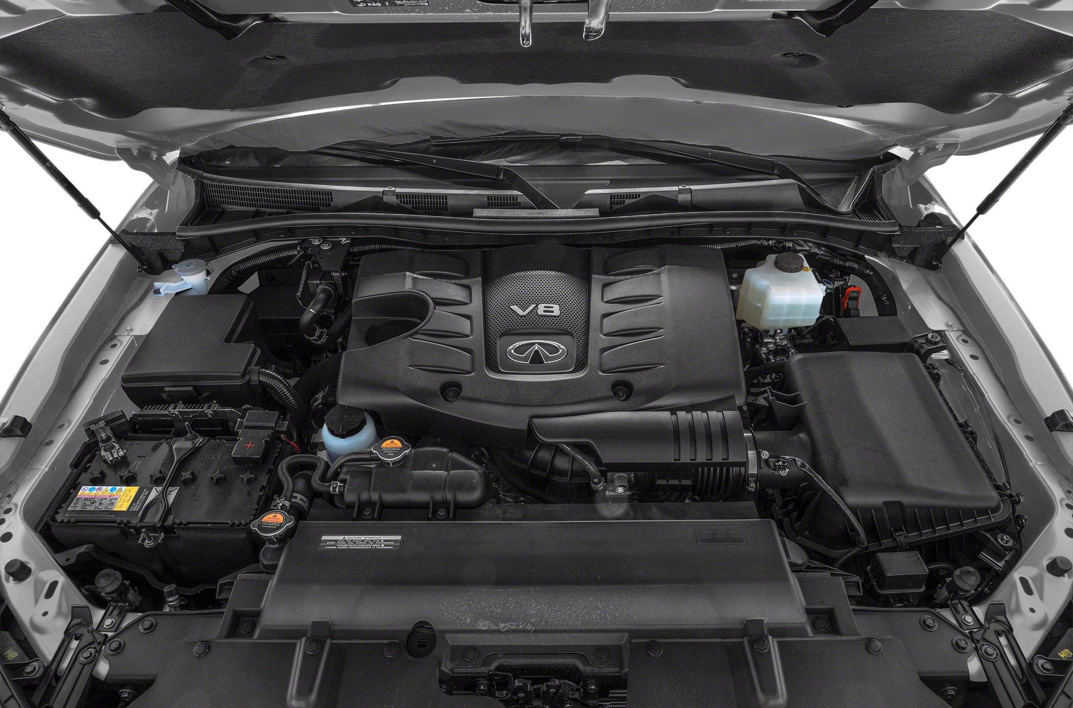 V8 engine with Infiniti logo under SUV hood, detailed engine bay components