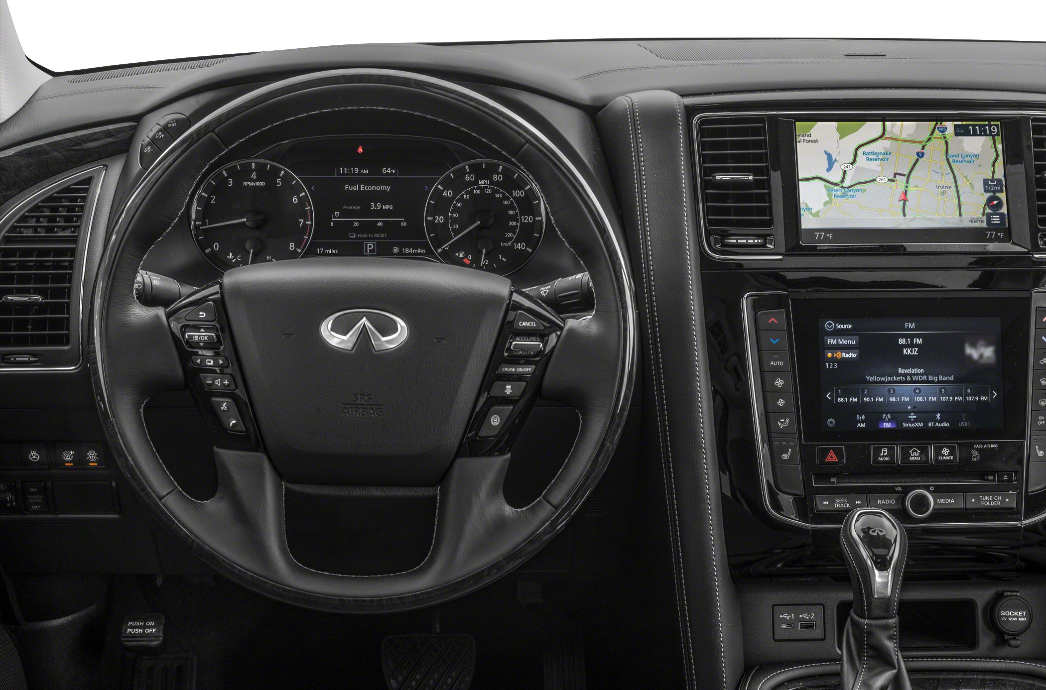 Dashboard with multifunction steering wheel and digital navigation display