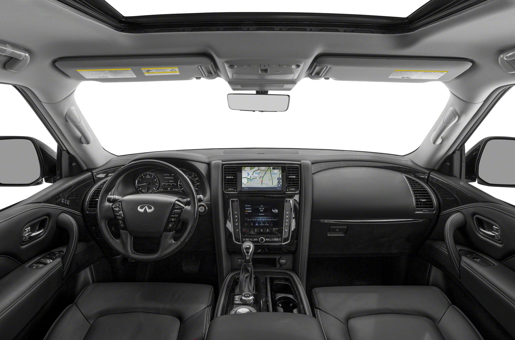 Luxury SUV interior with dashboard, navigation screen, steering wheel, and panoramic sunroof