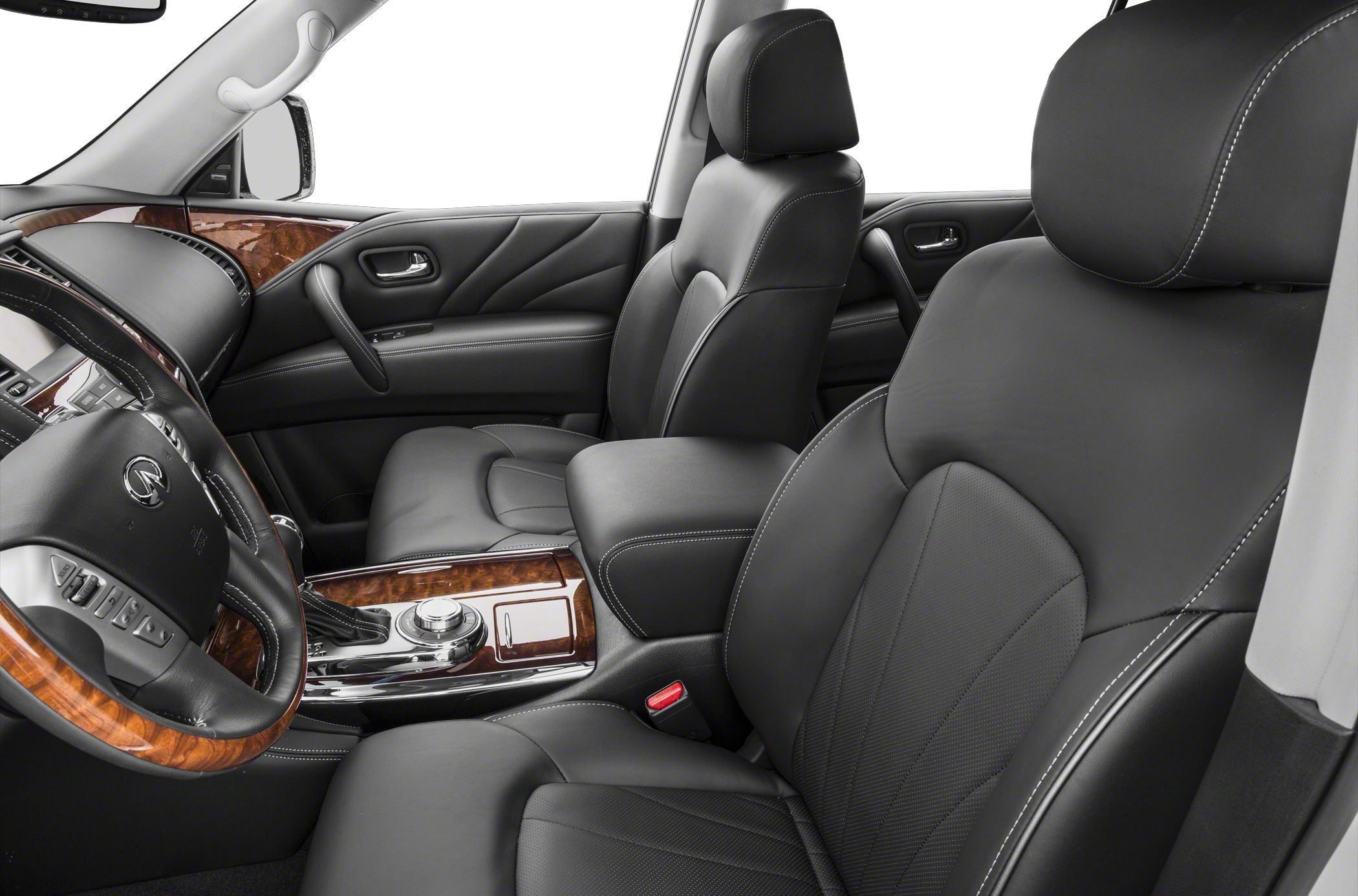 Black leather seats with wood trim and stitched detailing