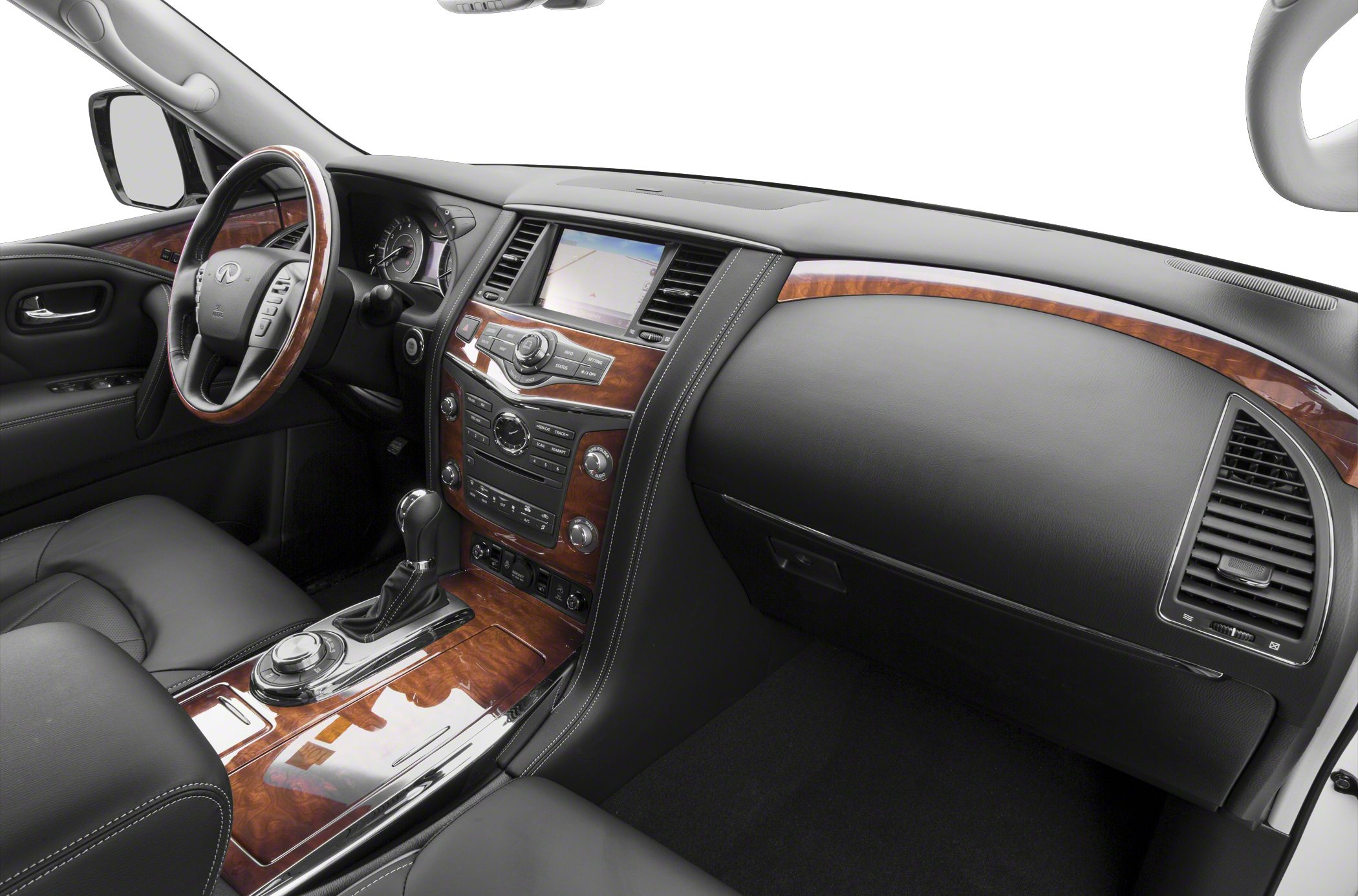 Wood trim dashboard and center console with advanced controls