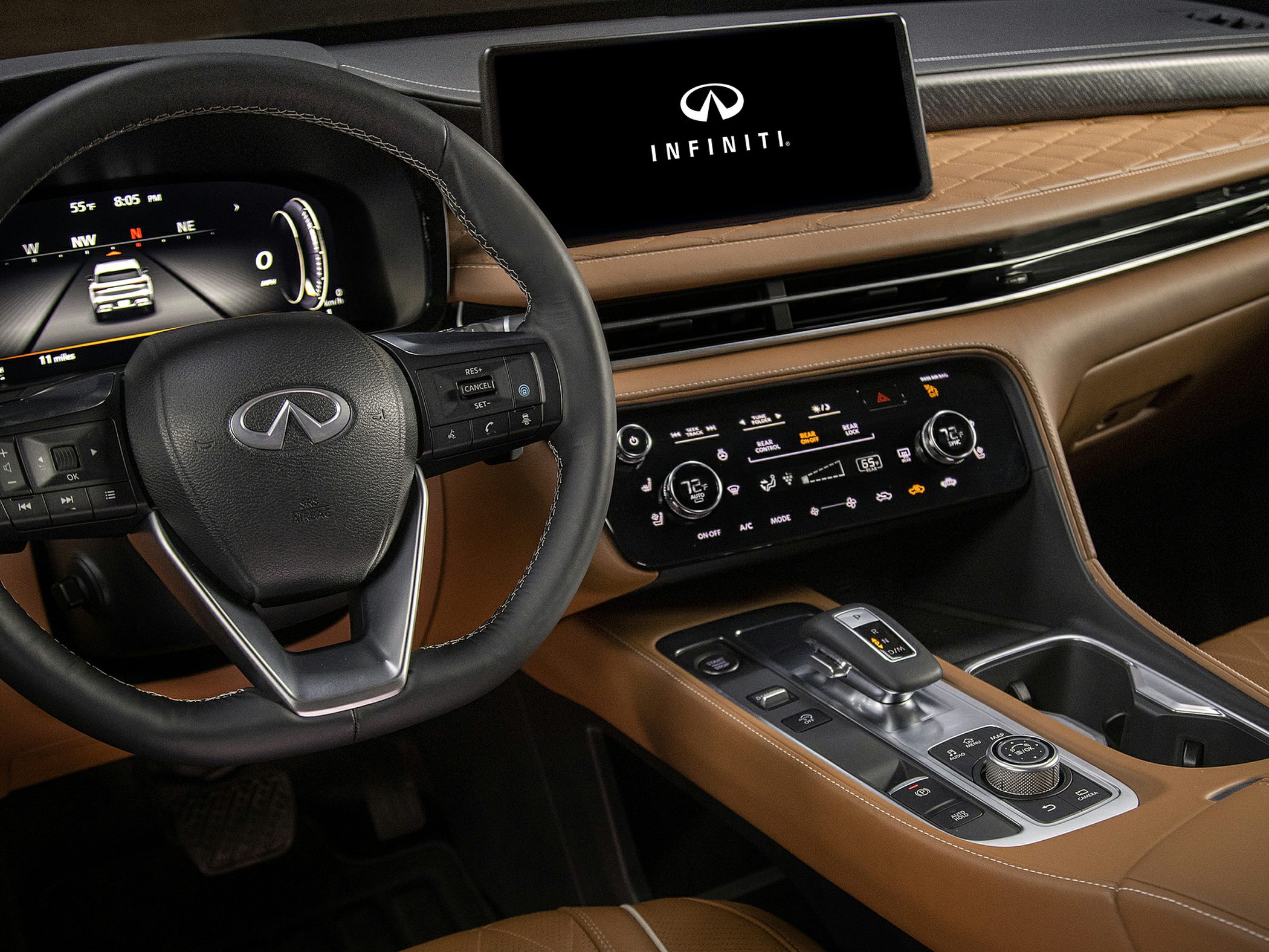 Digital dashboard, touchscreen display, steering wheel, center console with gear shifter