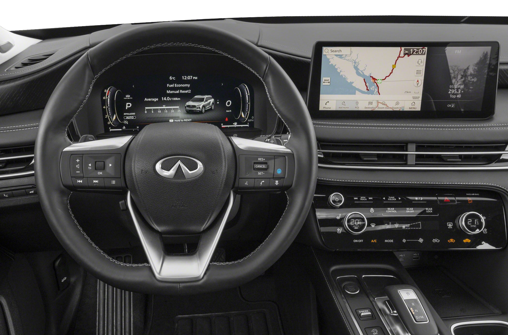 Digital instrument cluster and touchscreen infotainment with steering wheel and climate controls