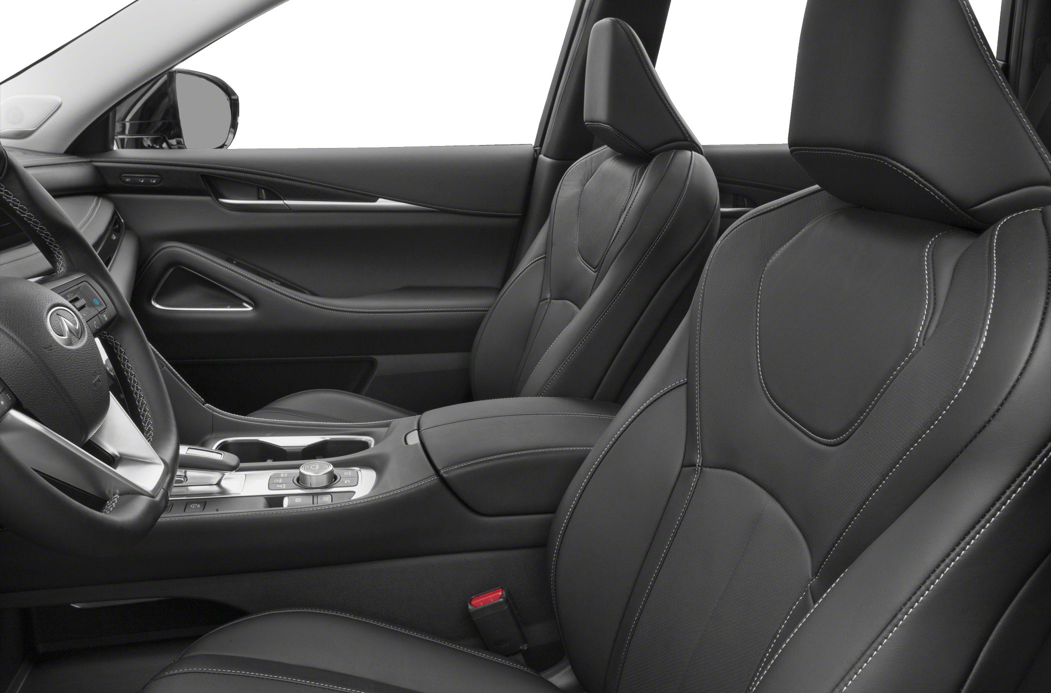 Premium black leather front seats with detailed stitching and modern door panel.