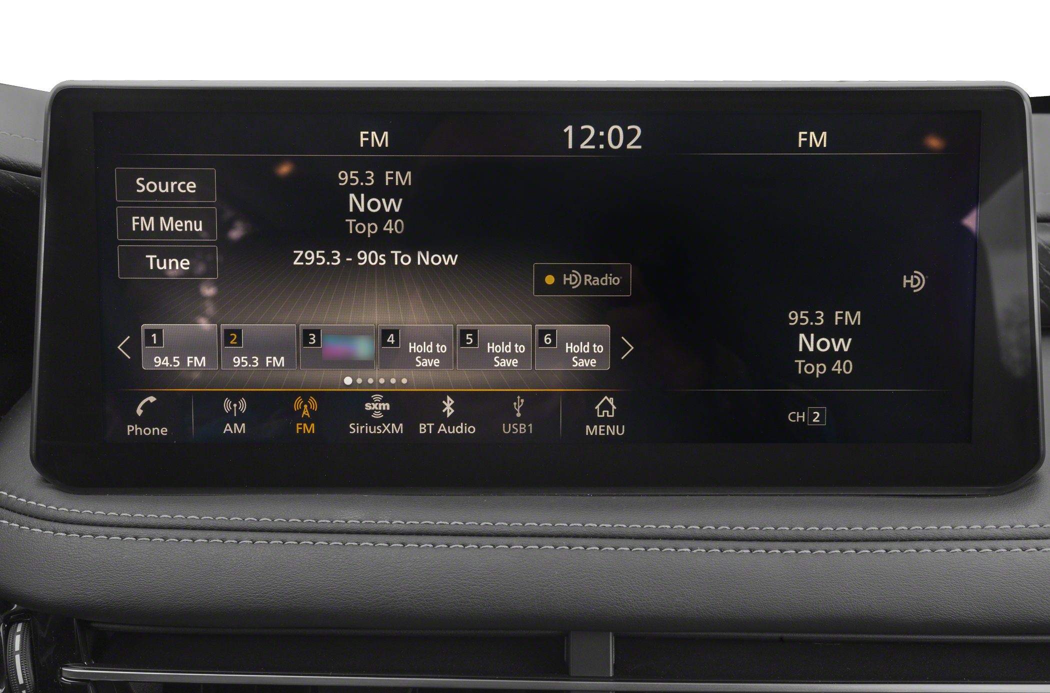 Car infotainment system FM radio interface with presets and multimedia options