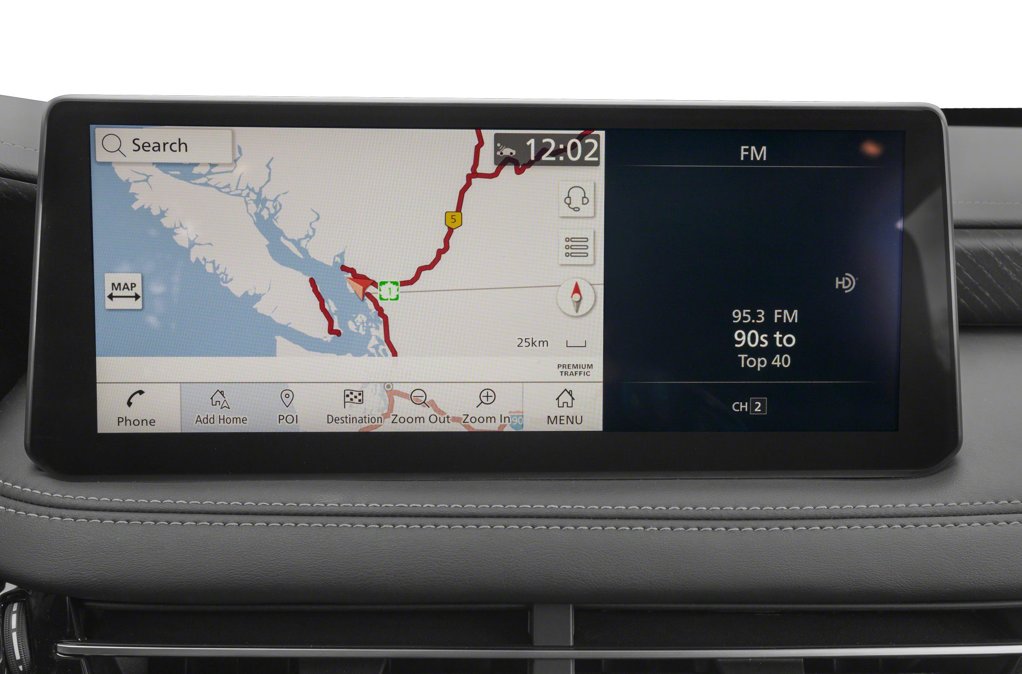 Dual screen dashboard with map navigation and FM radio interface