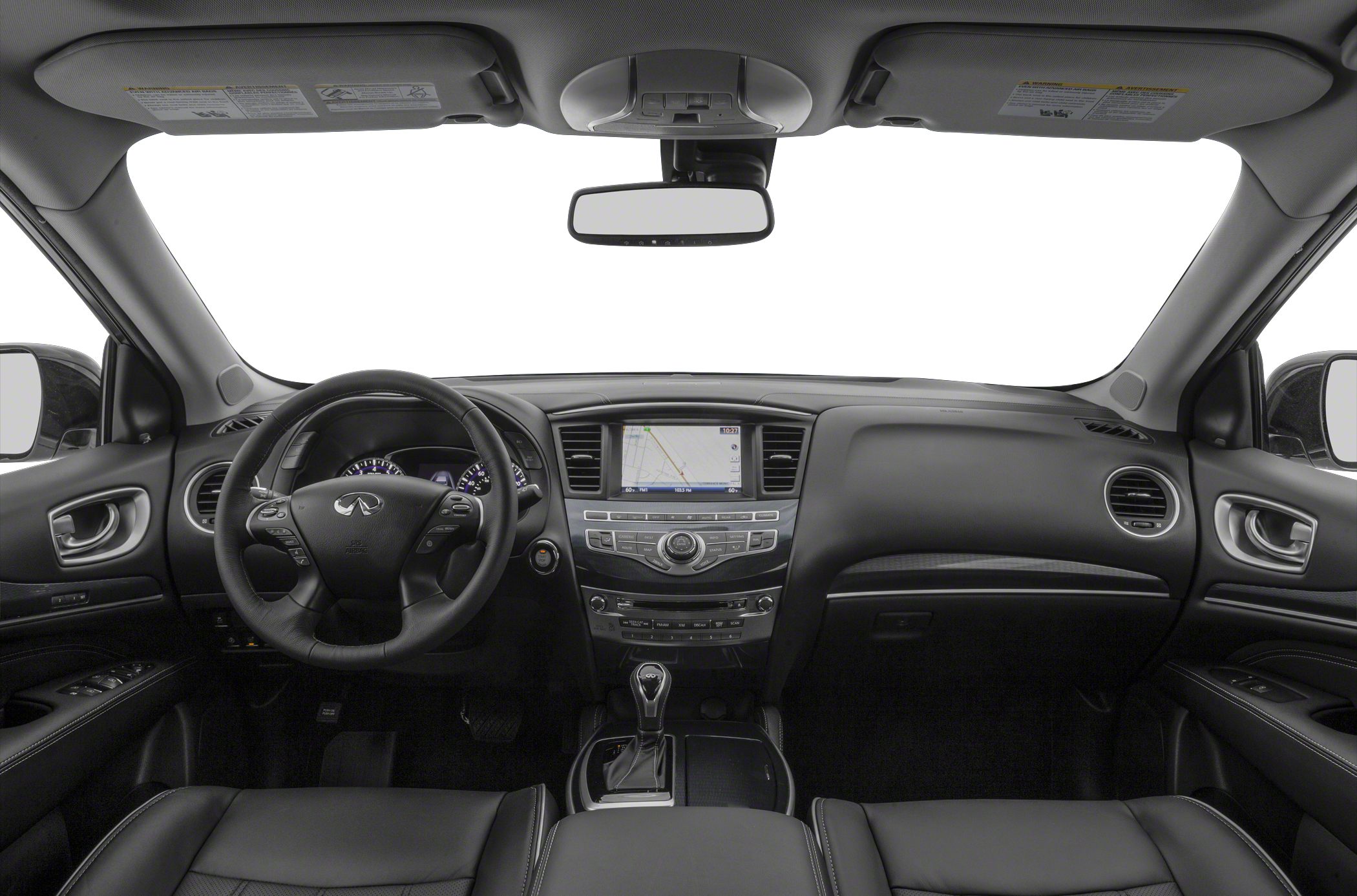 Dashboard with central touchscreen and leather steering wheel