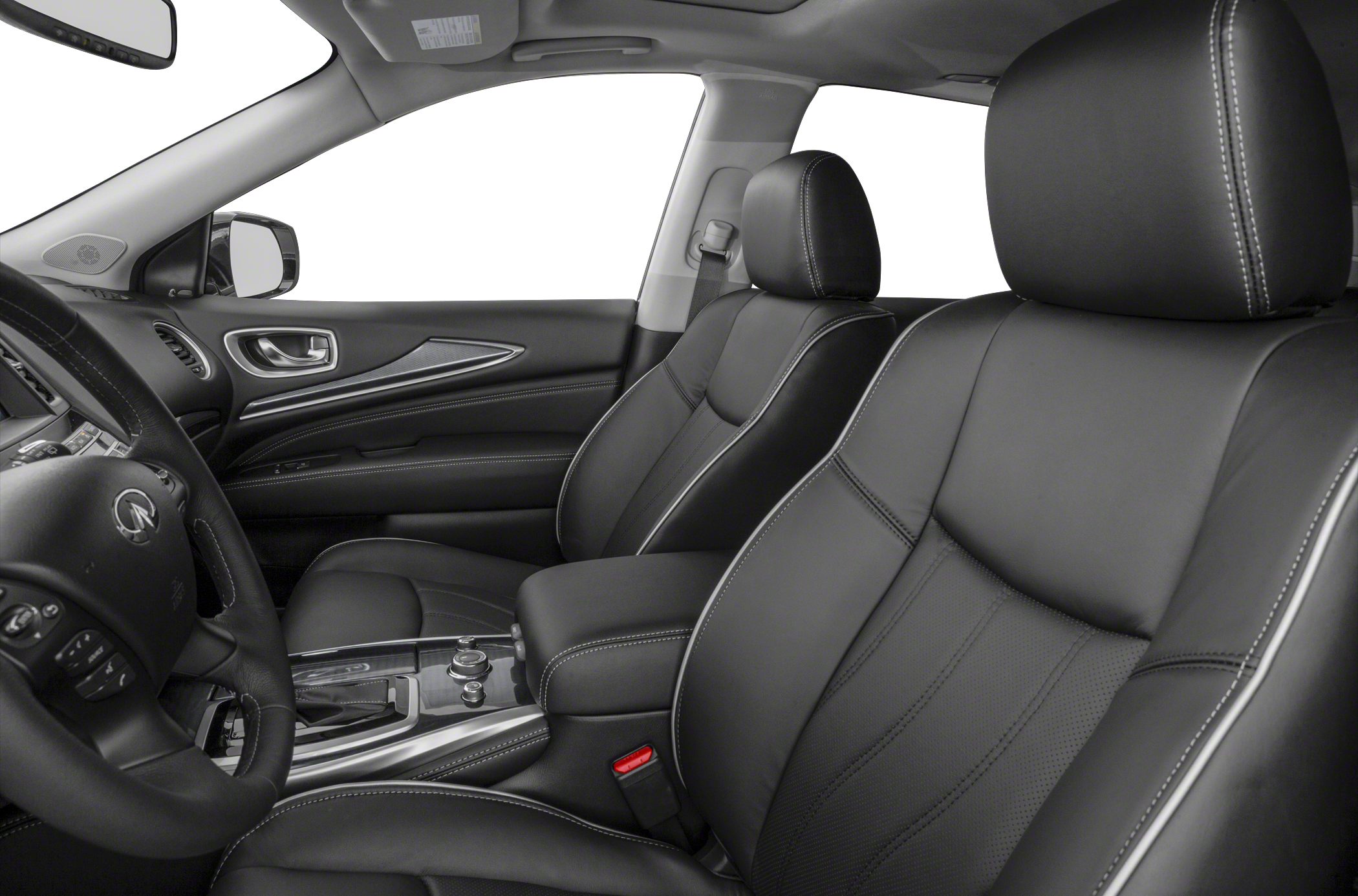 Leather front seats and center console with stitching details.