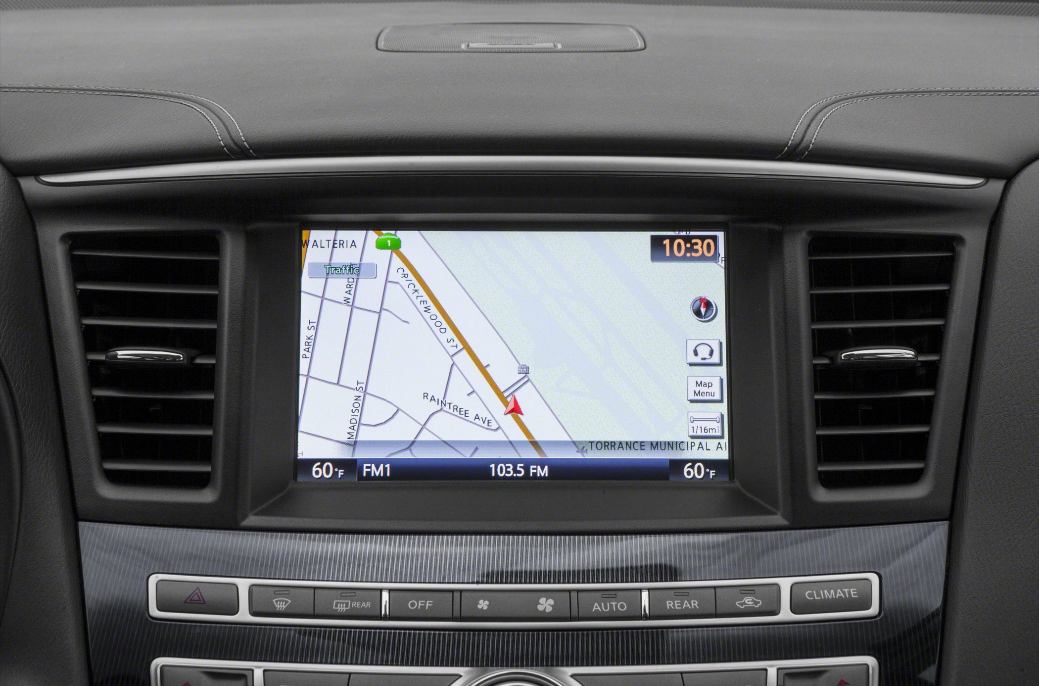Navigation display with climate control buttons on dashboard