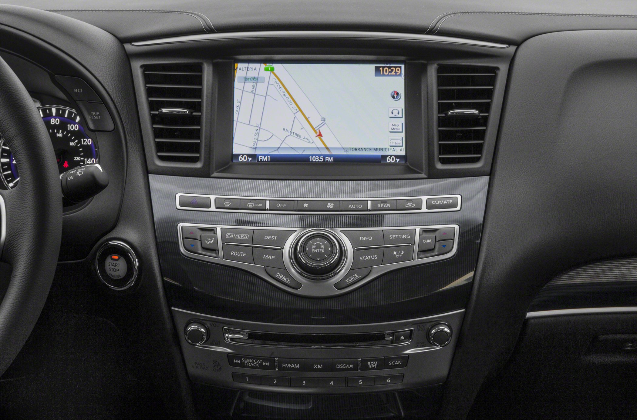 Interior navigation screen with multi-function control panel and climate controls