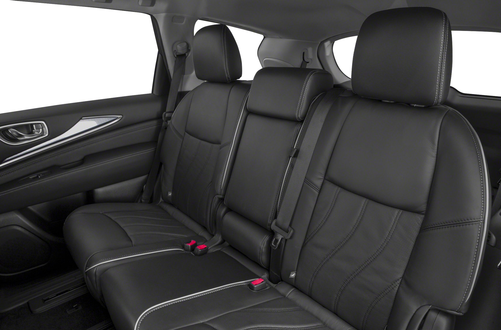 Rear black leather seats with detailed stitching and three-point seat belts