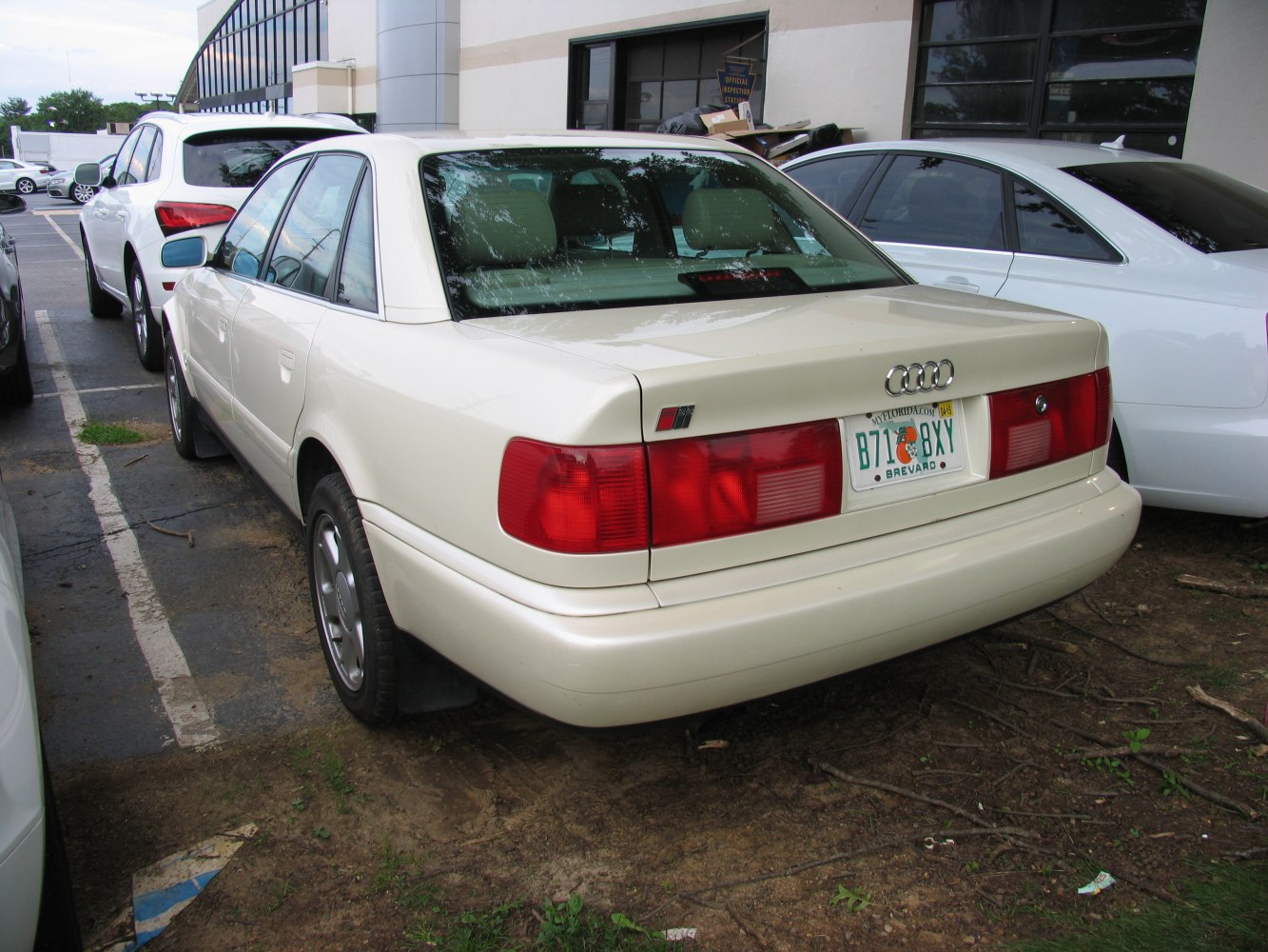Rear view of classic sedan with distinctive tail lights and S6 emblem