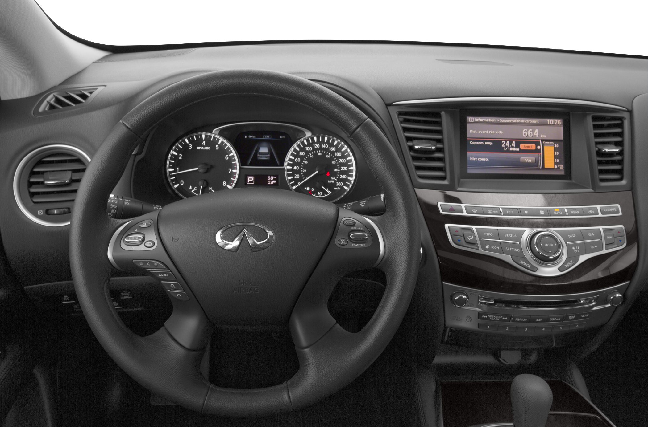 Steering wheel, instrument cluster, infotainment screen, and control panel