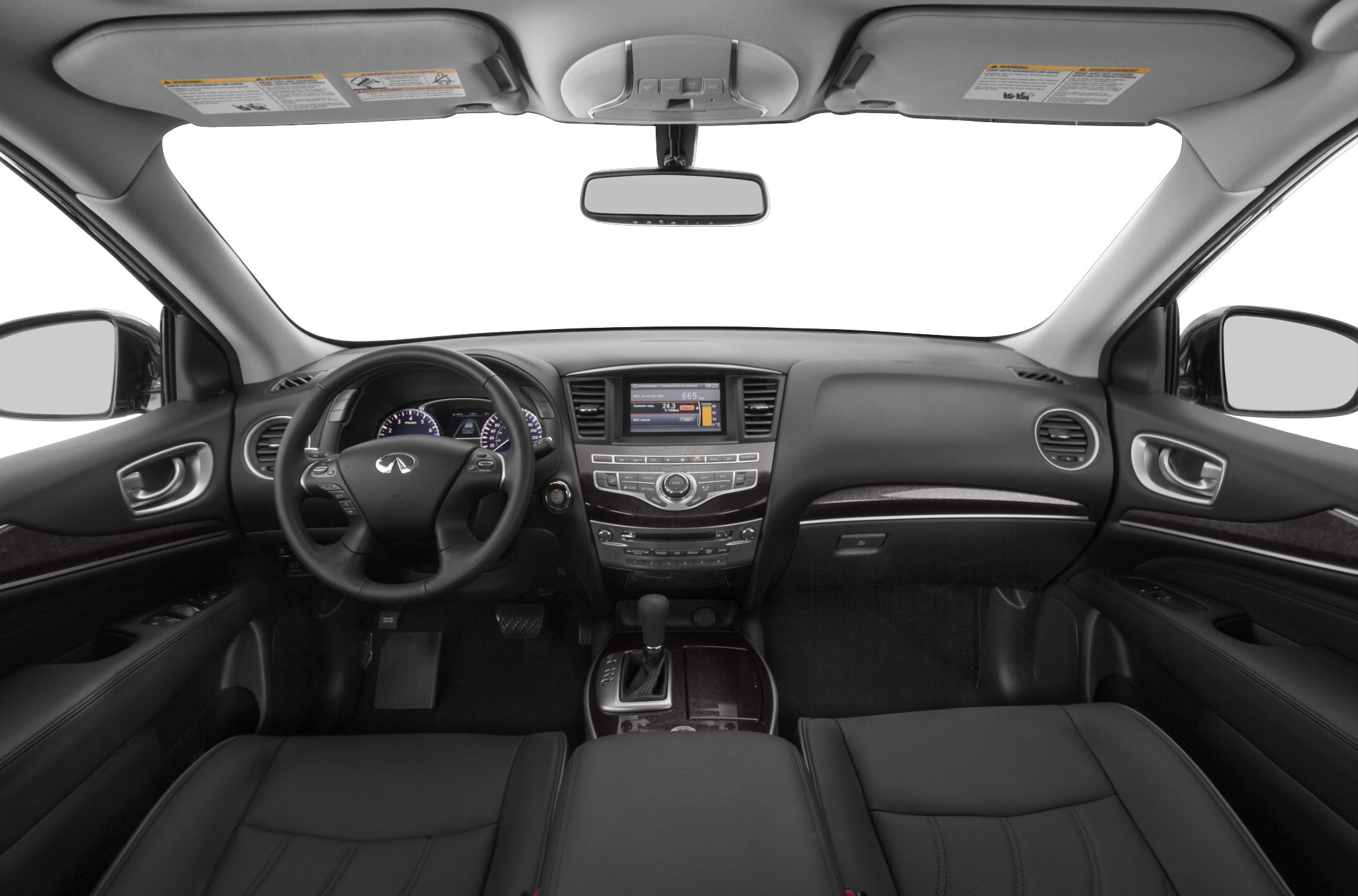 Dashboard and steering wheel with infotainment system and controls