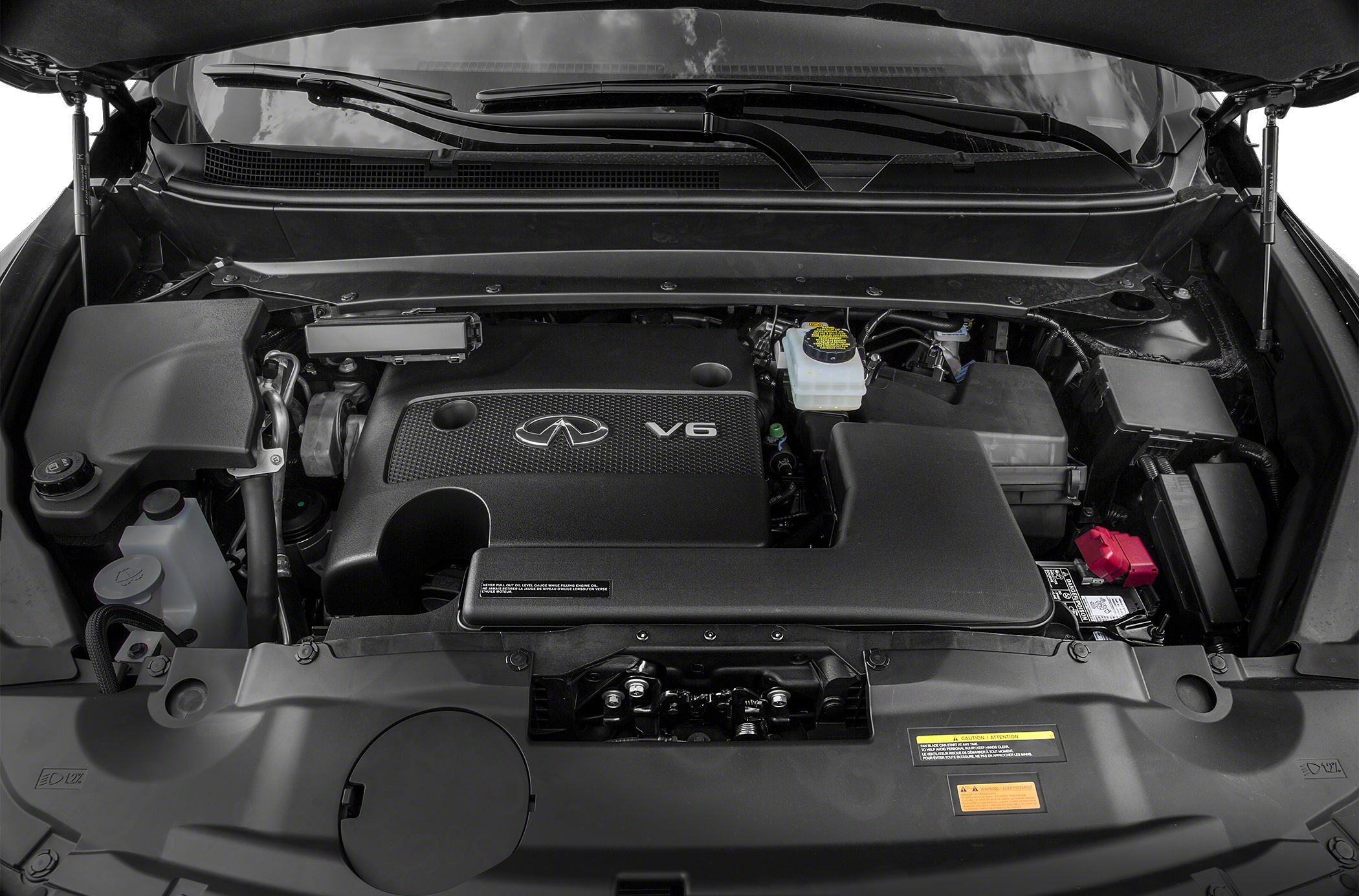 V6 engine bay with engine cover and fluid reservoirs