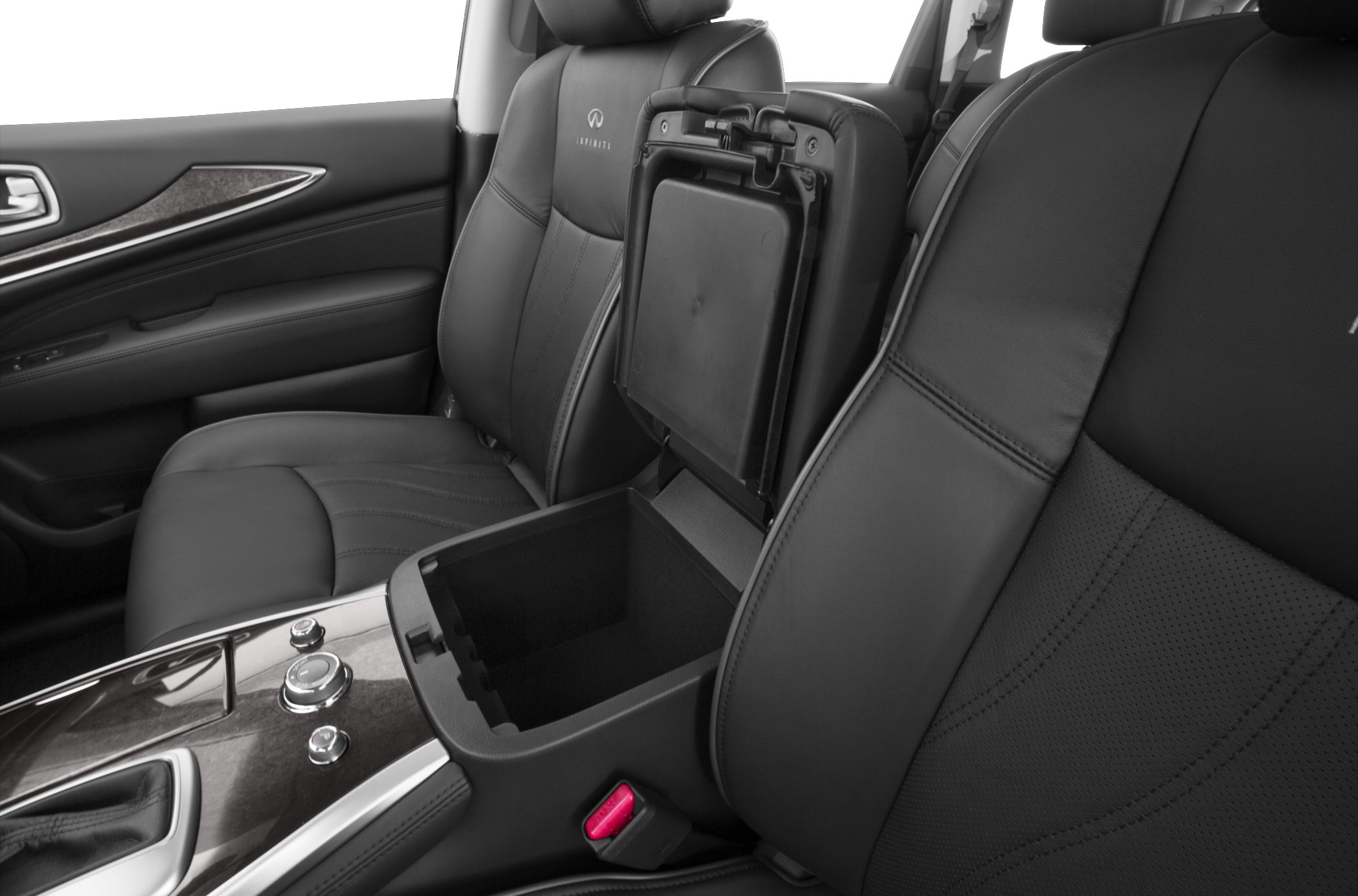 Leather seats with open center console storage in luxury SUV interior