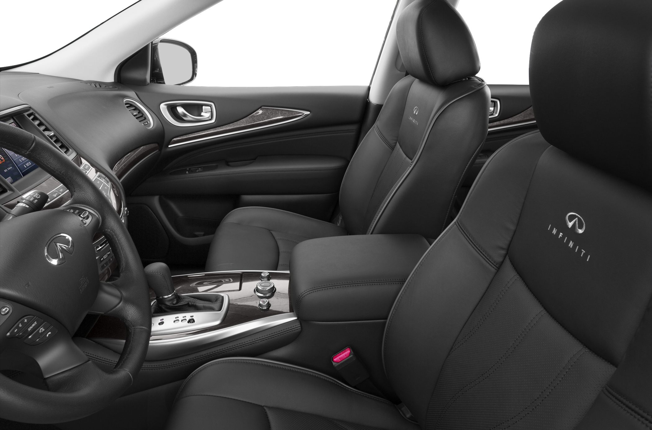 Luxury black leather seats and wood grain center console