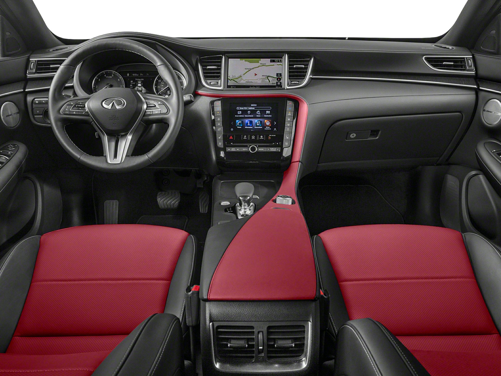 Modern dashboard with dual screens and sporty red-black leather seats