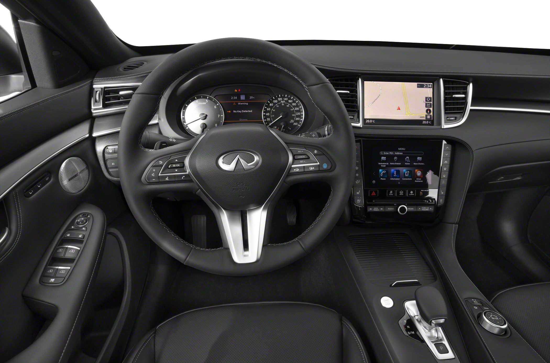 Steering wheel, digital instrument cluster, dual touchscreen infotainment system