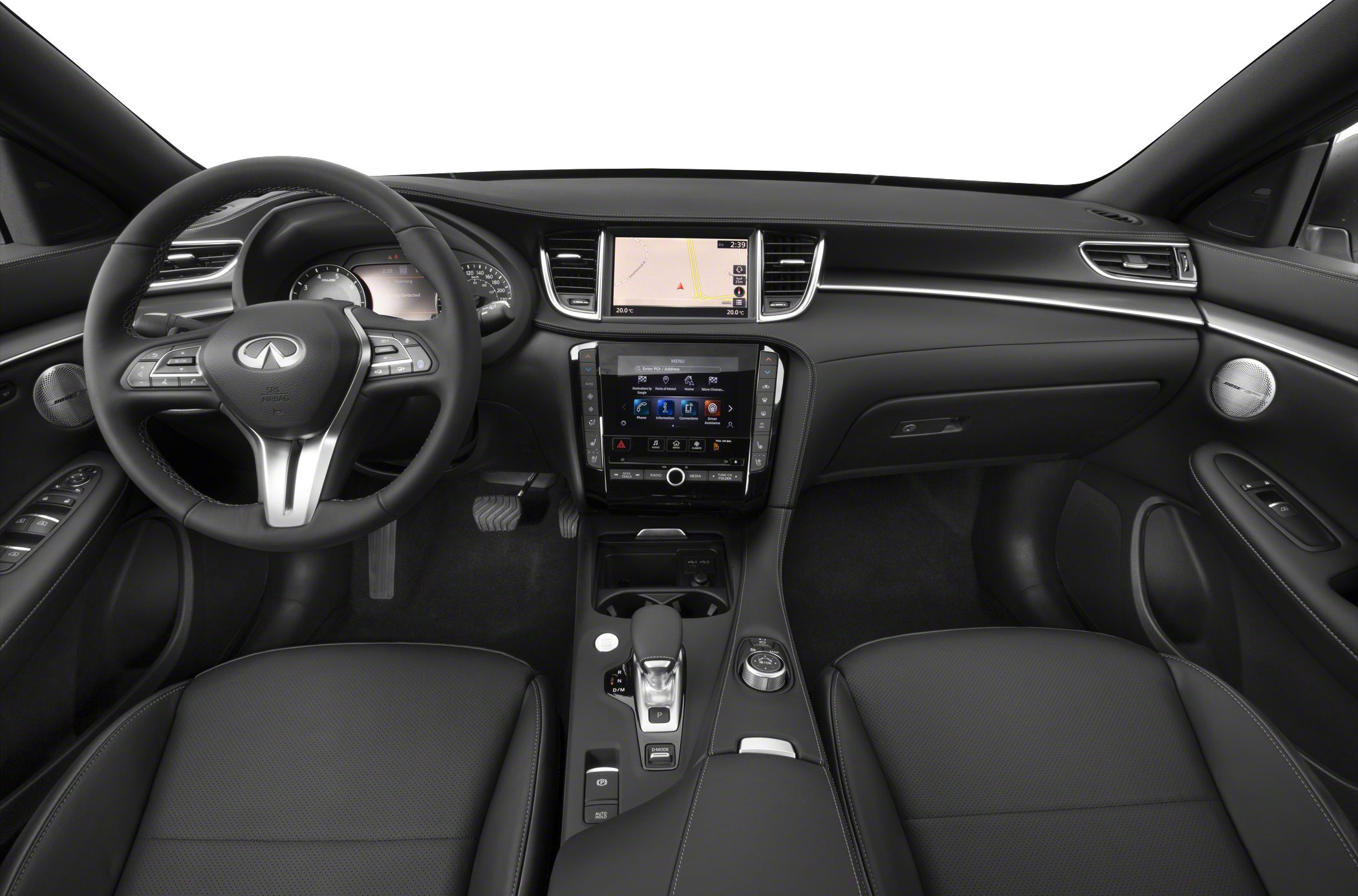 Dual touchscreen dashboard and multi-function steering wheel in a luxury SUV interior