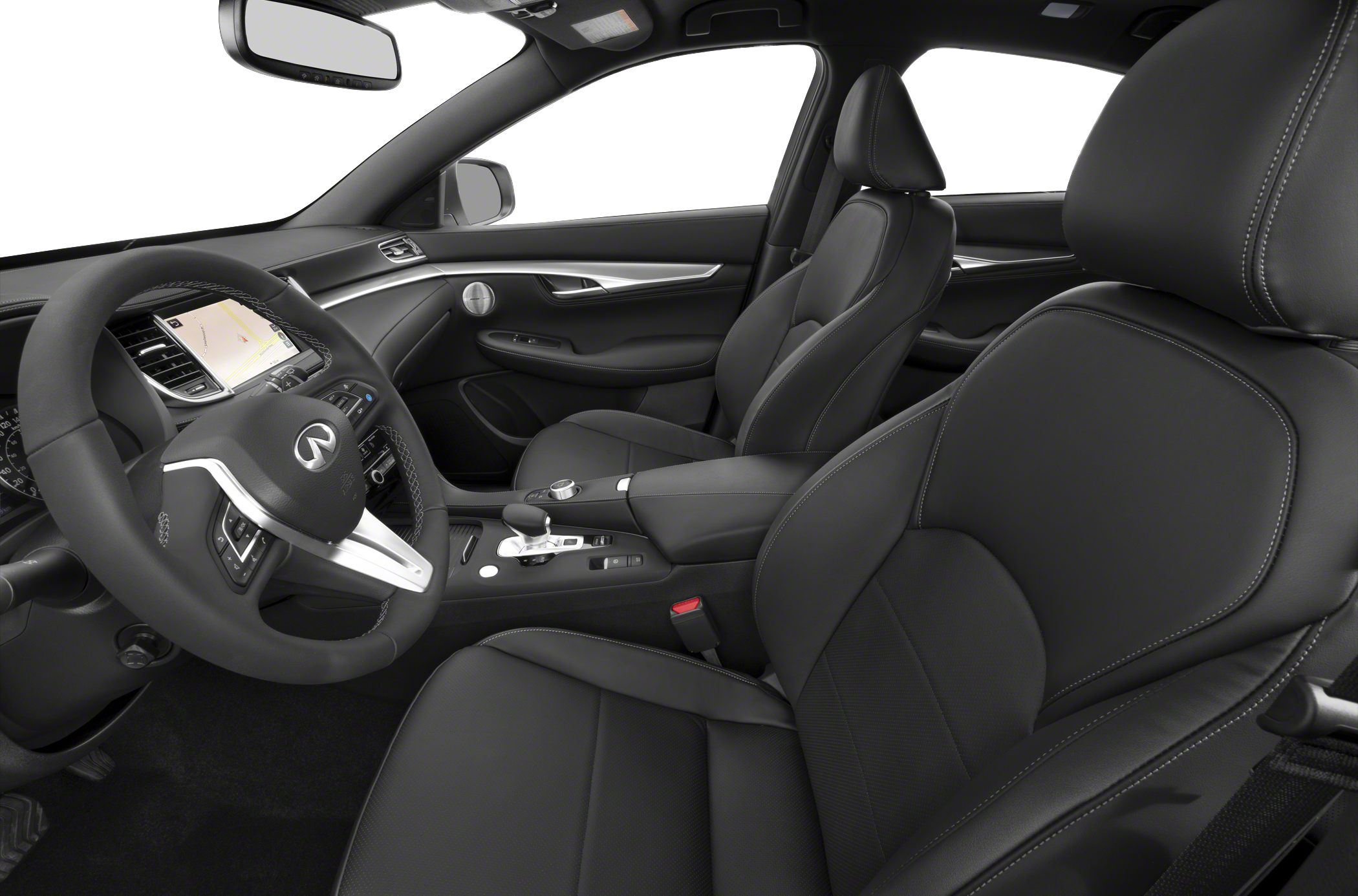 Black leather seats with modern dashboard and steering wheel
