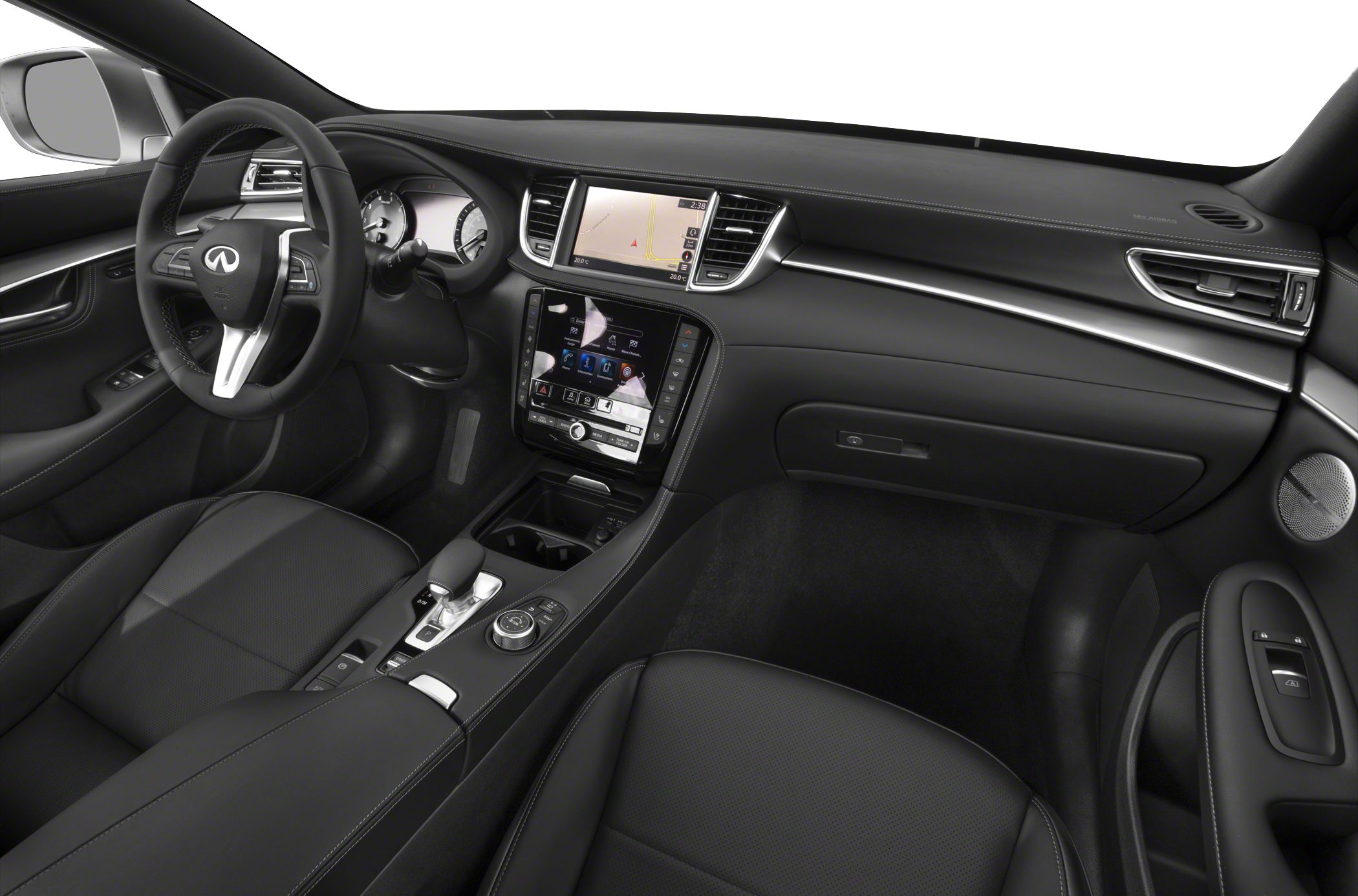Dashboard, infotainment system, steering wheel, and center console in black interior