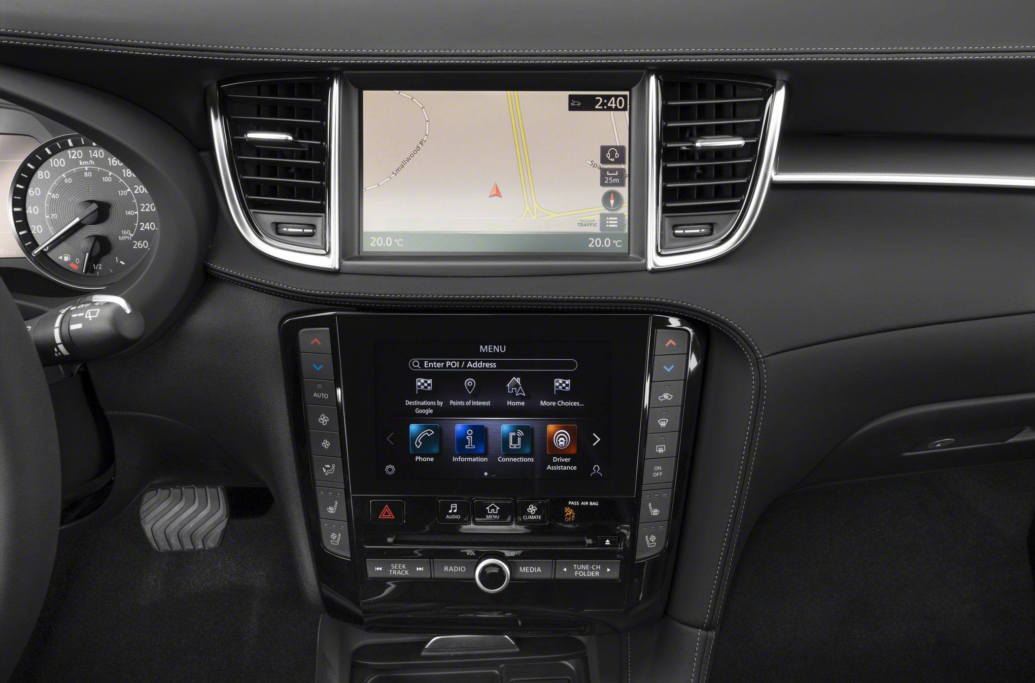 Dual touchscreen infotainment system and speedometer instrument cluster interior