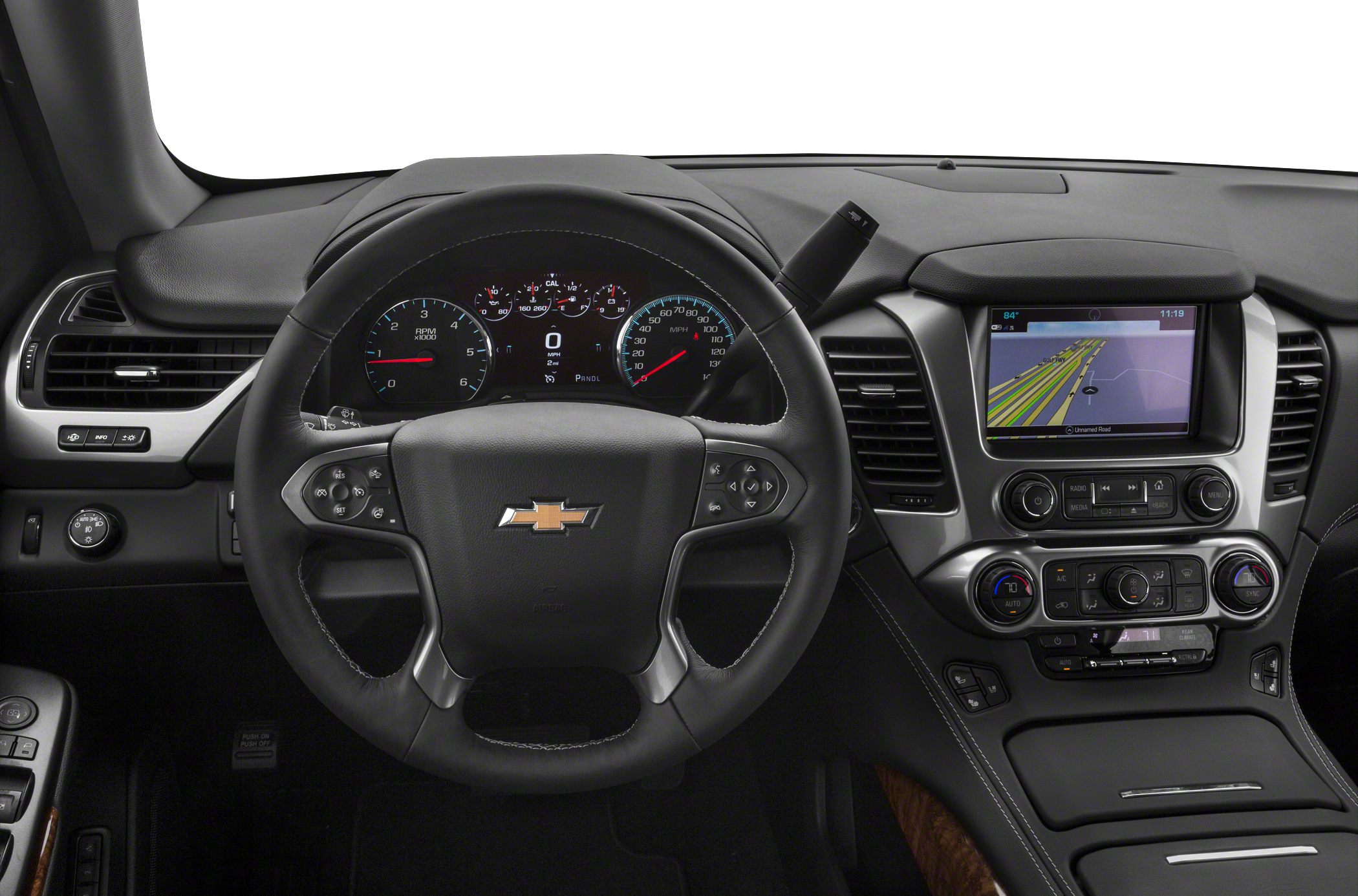 Dashboard with steering wheel, digital gauges, and infotainment display