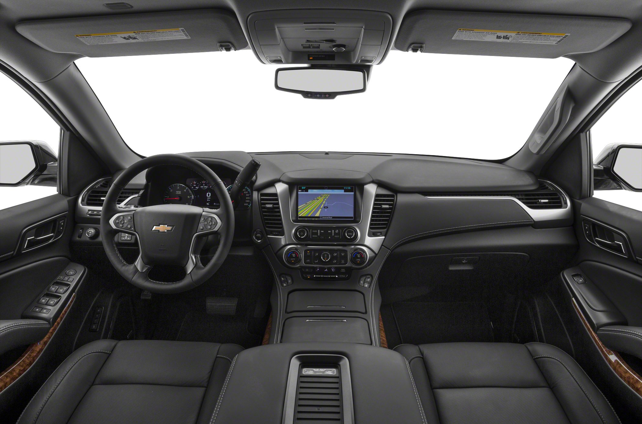 Interior view with navigation screen and multifunction steering wheel