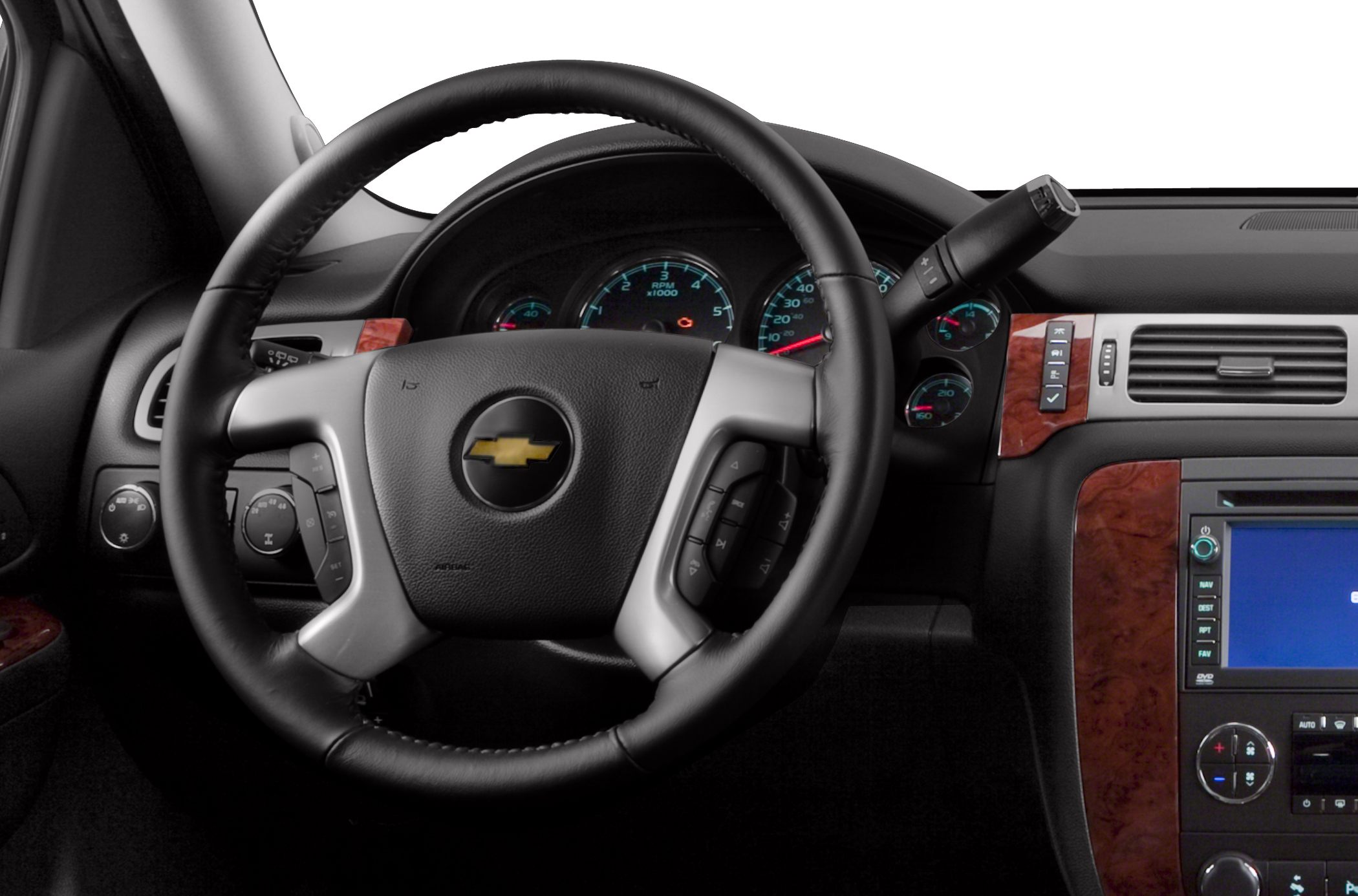 Steering wheel and dashboard with wood trim and instrument cluster