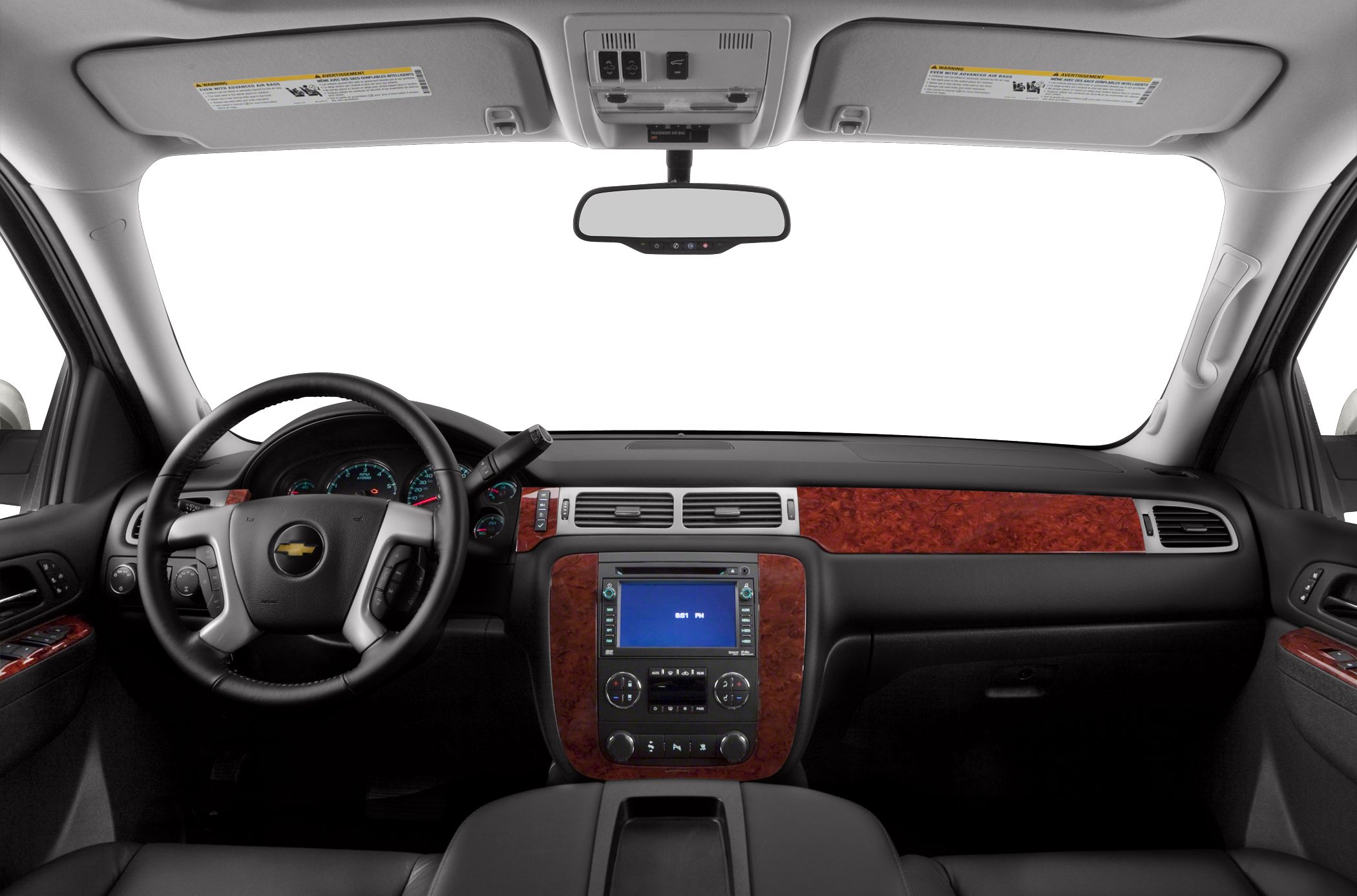 Dashboard and steering wheel with wood trim and center console screen
