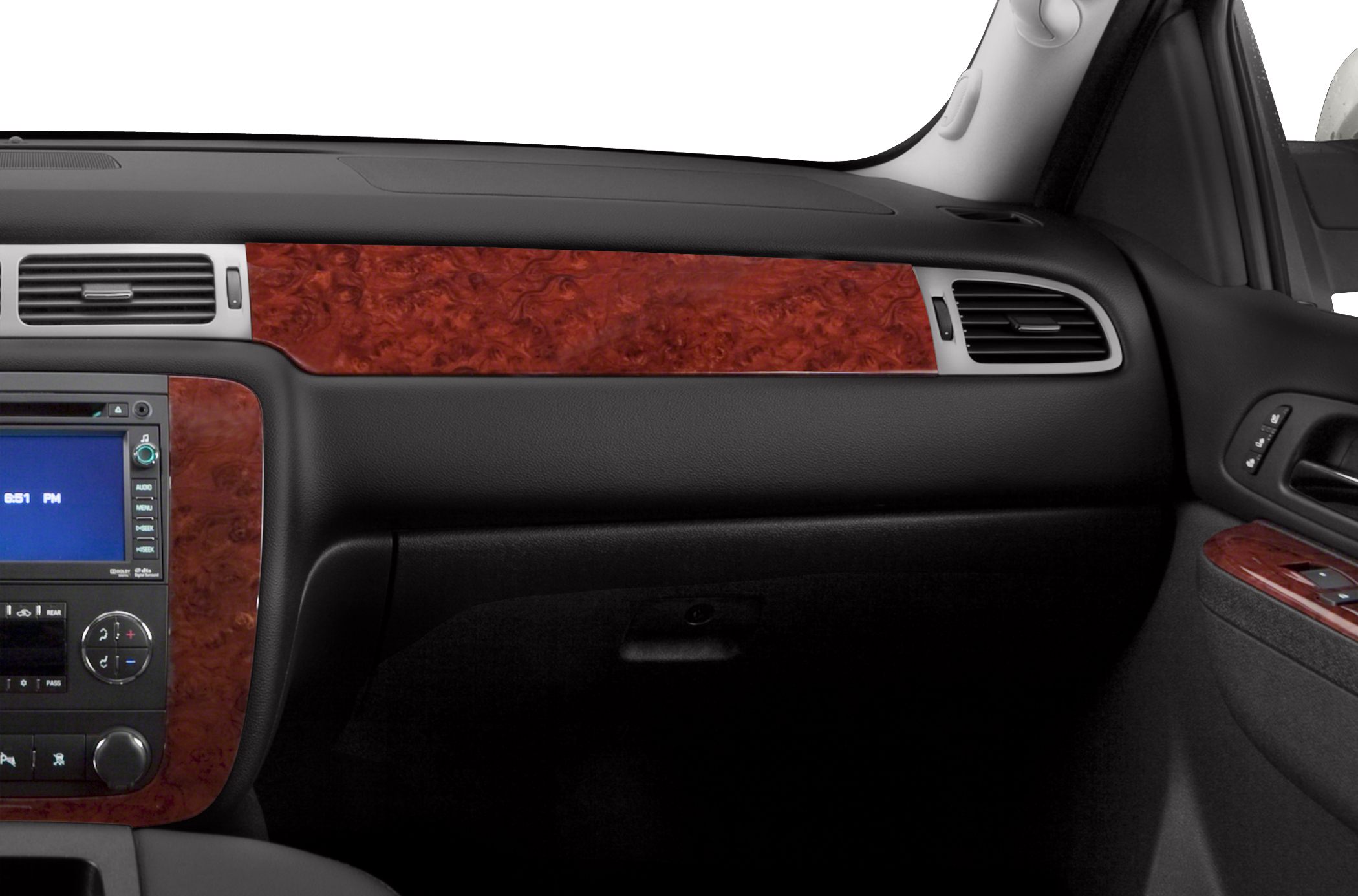 Wood trim dashboard and control panel with air vents