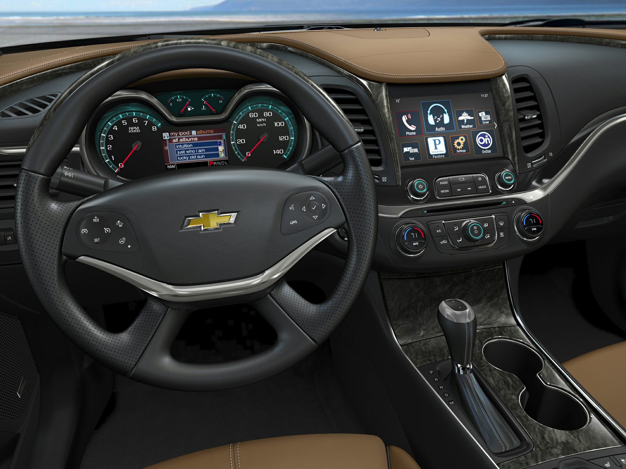 Dashboard with digital instruments, steering wheel controls, touchscreen infotainment