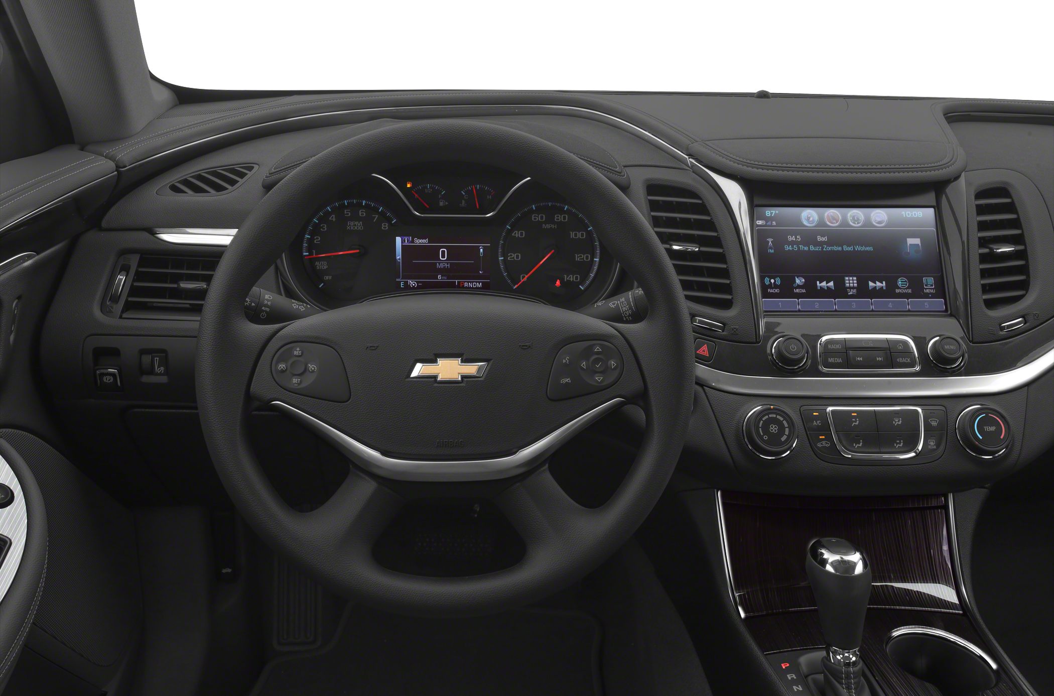 Dashboard and steering wheel with infotainment screen