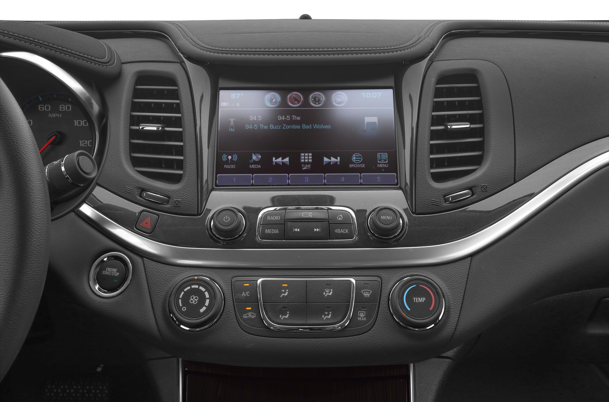Touchscreen infotainment and climate control panel with knobs and vents