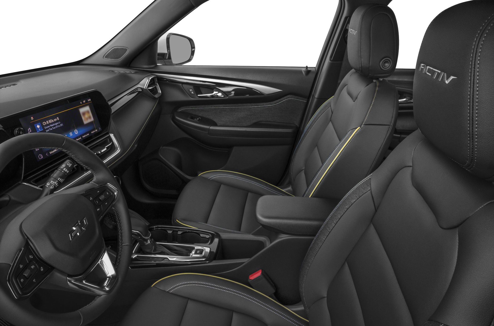 Modern SUV interior with ACTIV embossed leather seats and digital infotainment display.