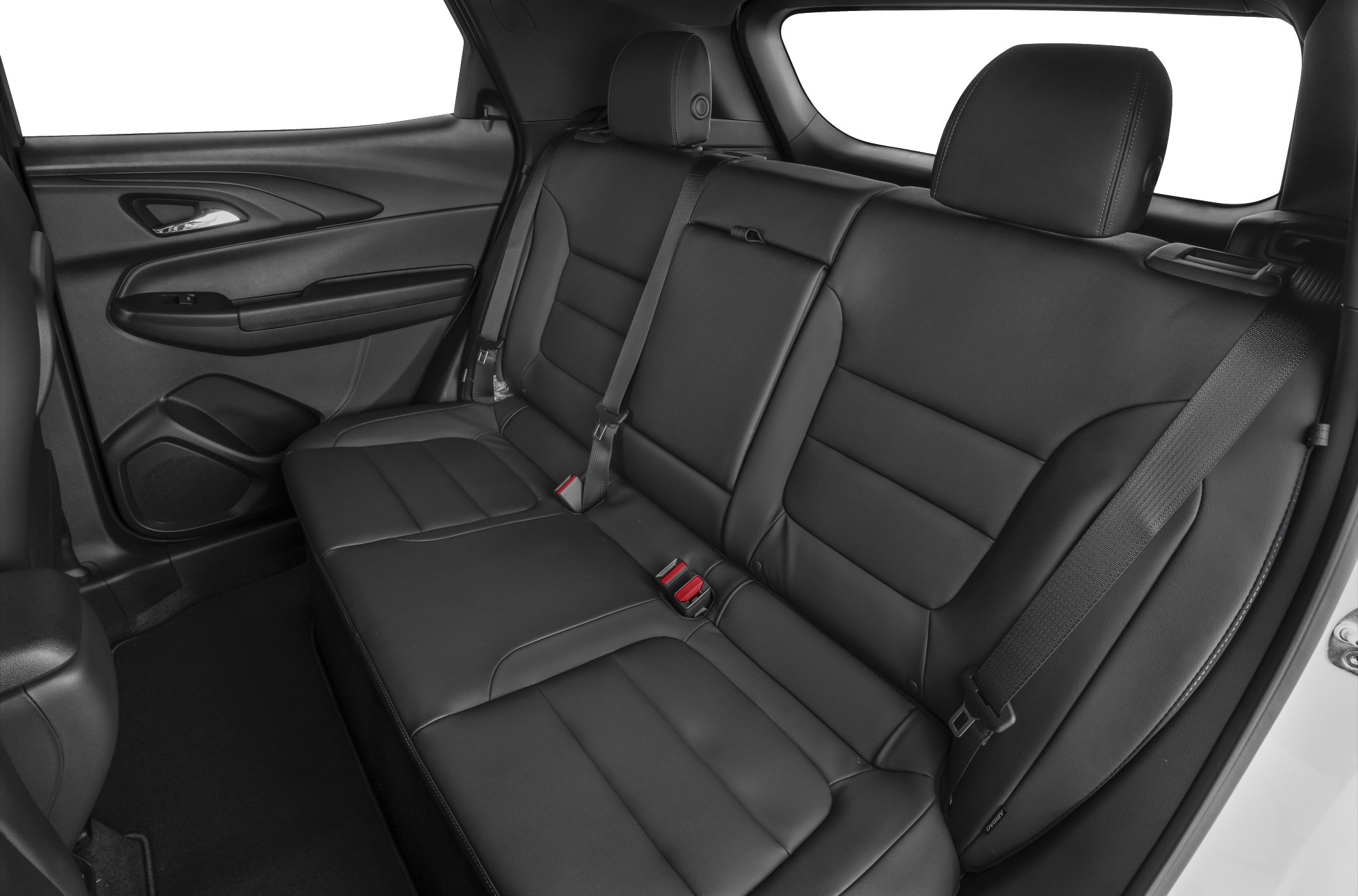 Modern rear seat with black leather upholstery and integrated seat belts
