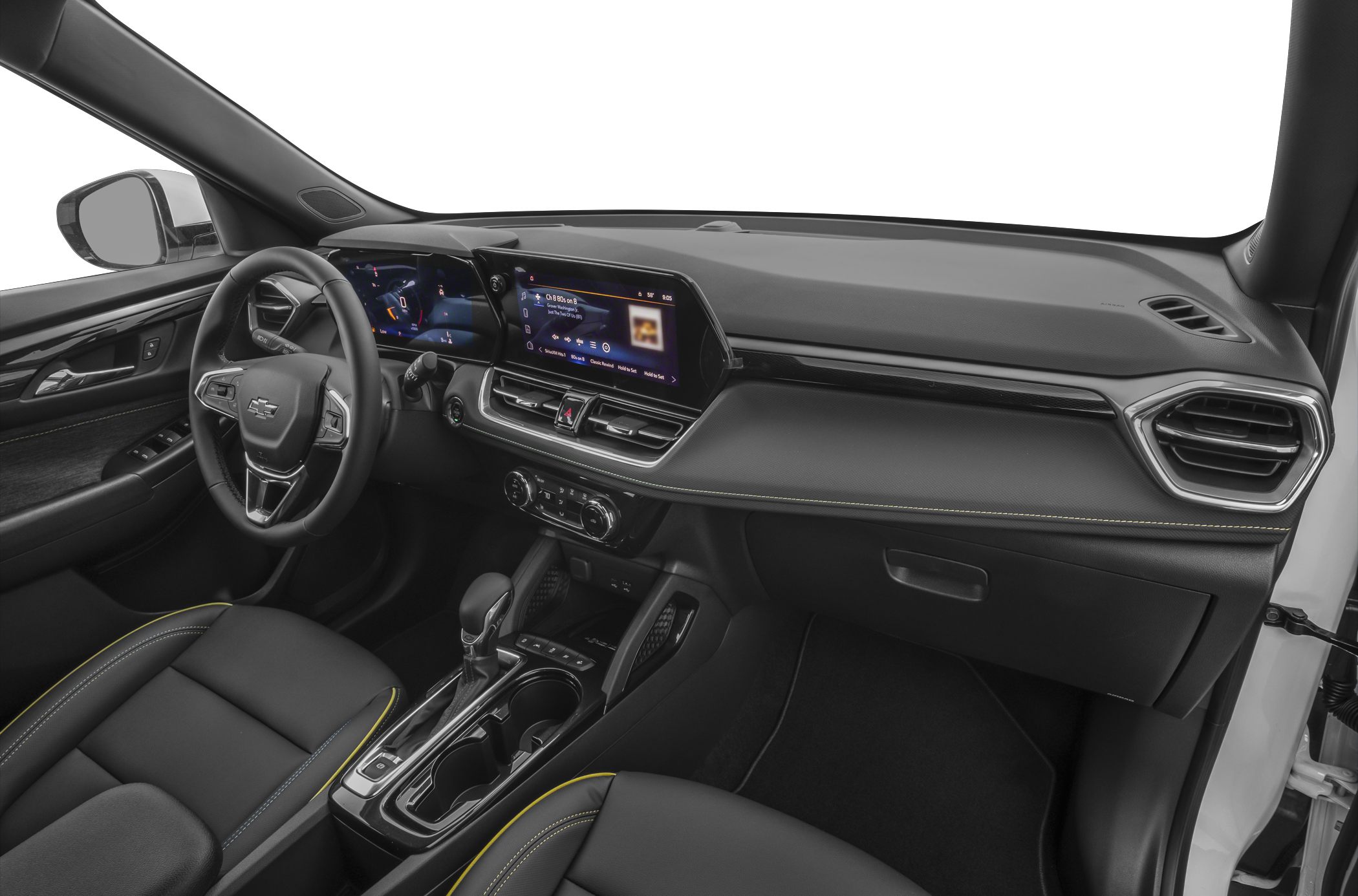 Modern dashboard and steering wheel with digital display and center console