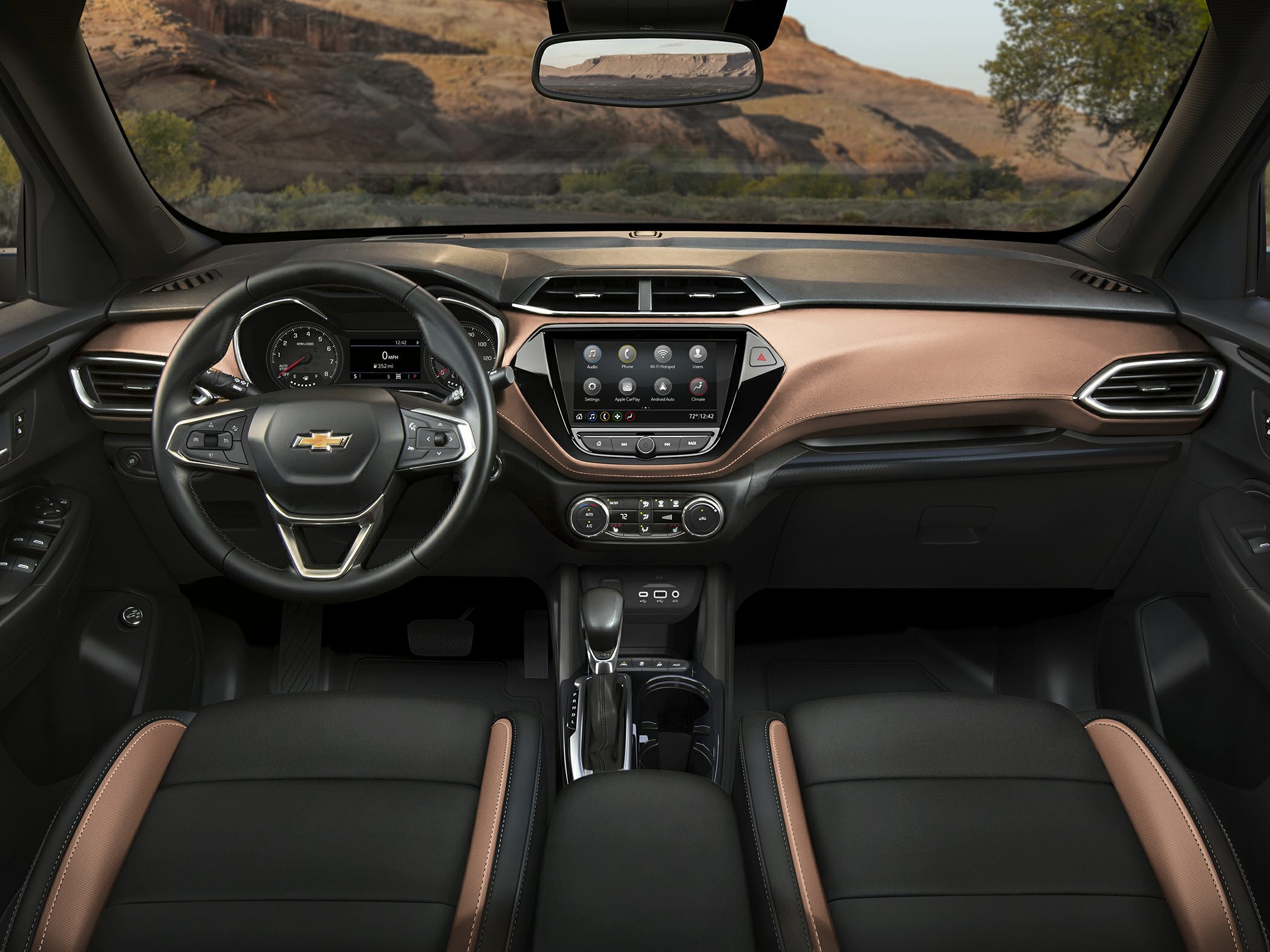 Modern dashboard with touchscreen and multifunction steering wheel