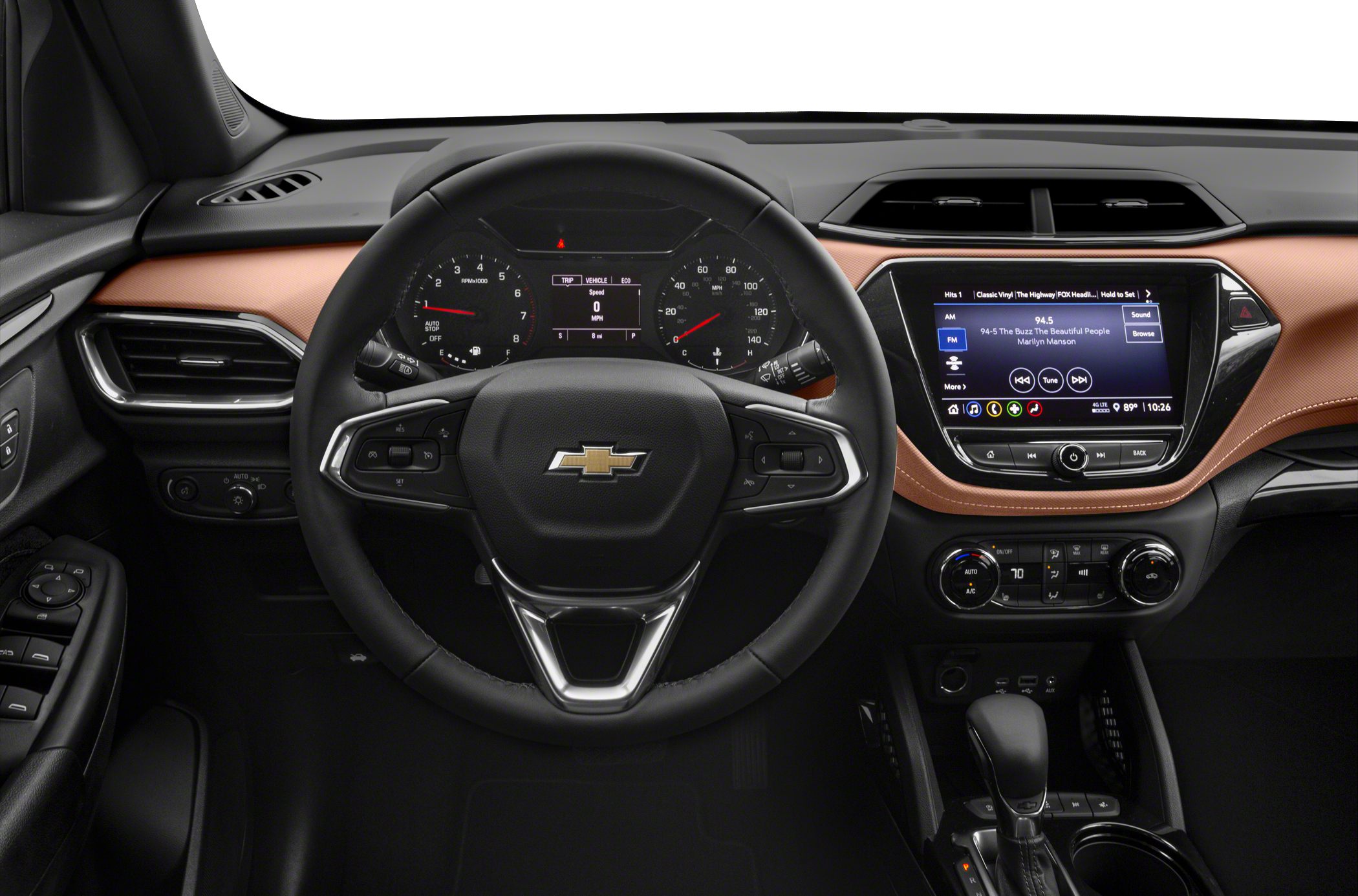 Interior dashboard with multifunction steering wheel and digital infotainment display