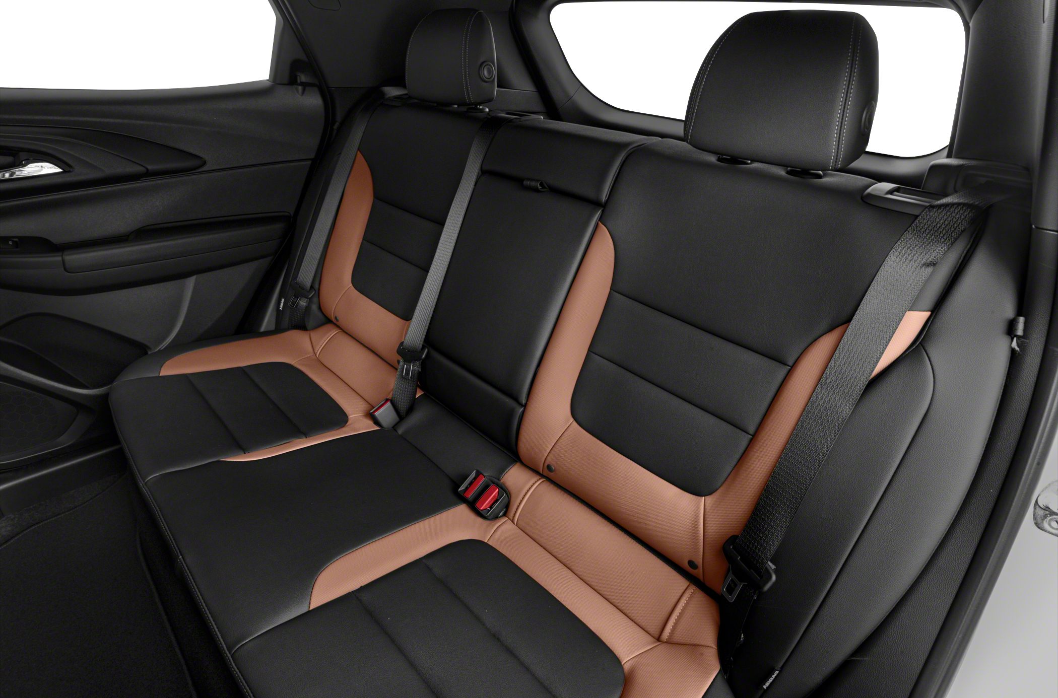 Black and brown leather rear seats with headrests and seatbelts