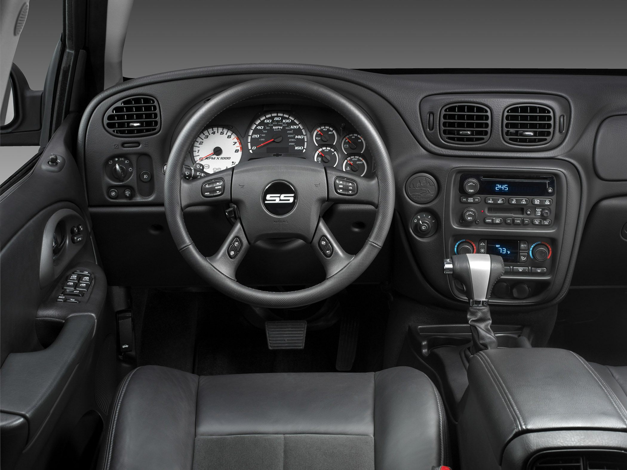 Dashboard and steering wheel with control buttons and gear shifter