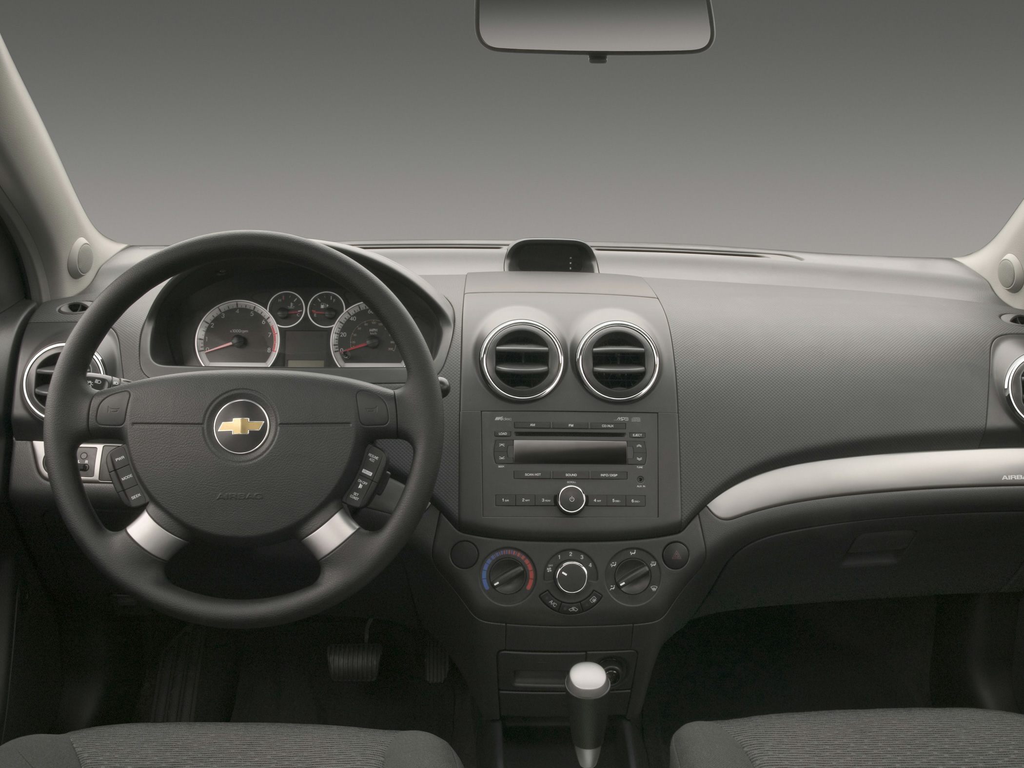 Car interior with steering wheel and dashboard control layout