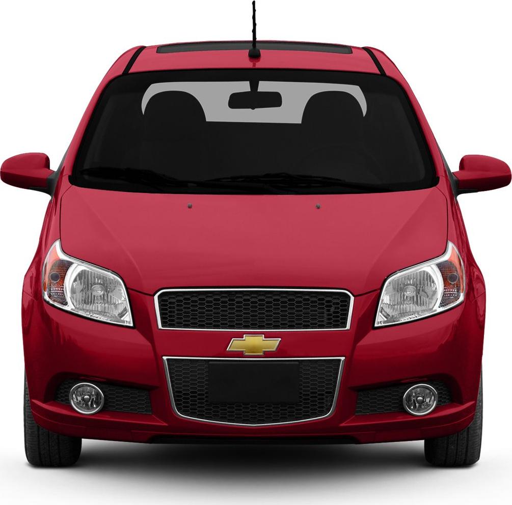 Red hatchback front view with grille, headlights, and fog lights