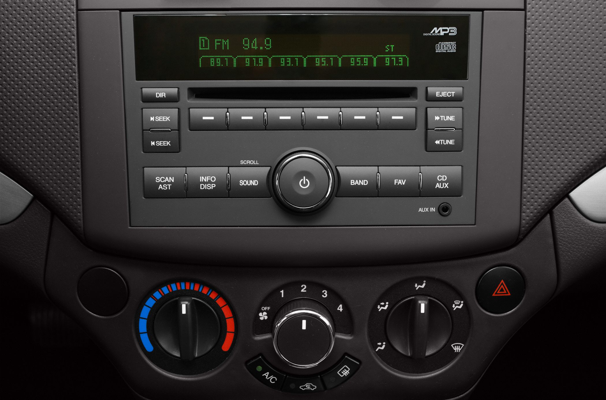 Radio system and manual climate controls with temperature, fan speed, and airflow settings