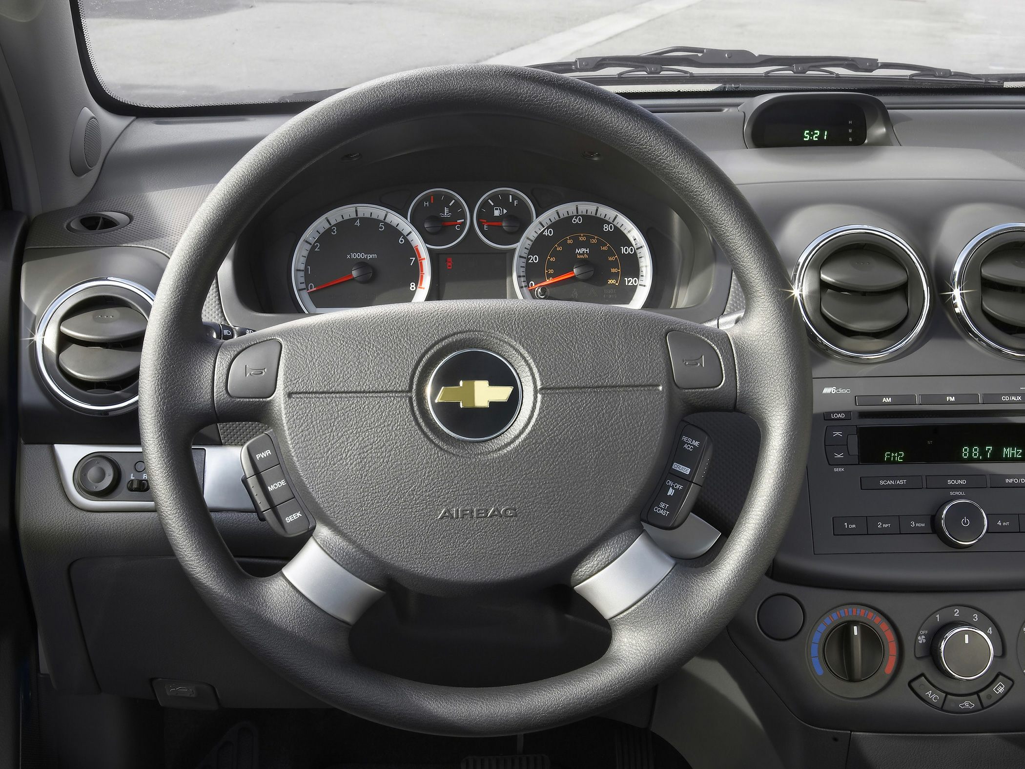 Steering wheel and dashboard with instrument cluster and controls