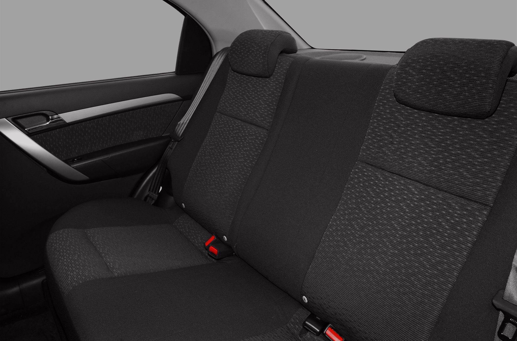 Rear seat upholstery with seatbelts and headrests